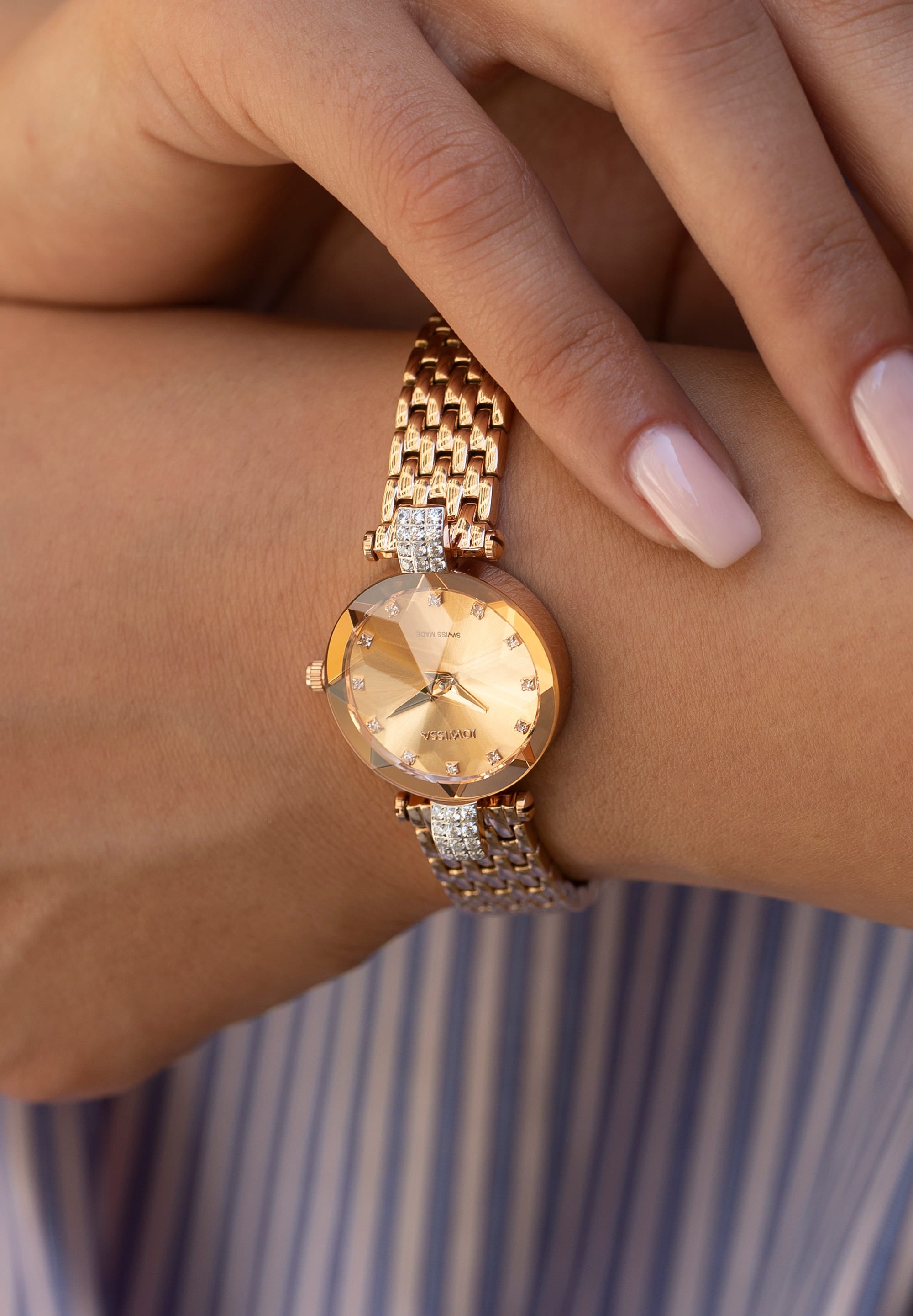 Facet Strass Swiss Ladies Watch J5.634.S featuring a rose gold design, sunburst dial, and stainless steel mesh band.