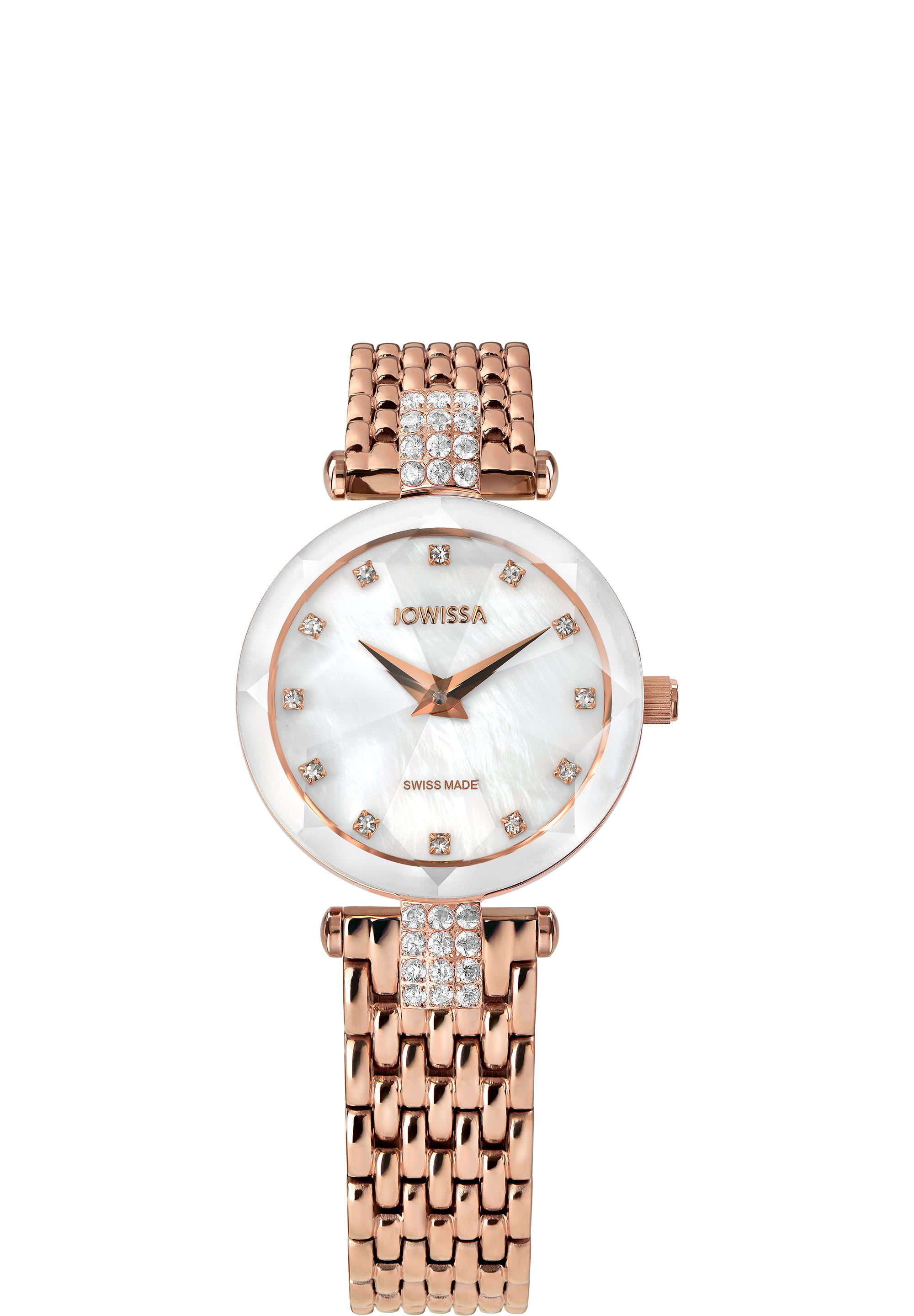 Facet Strass Swiss Ladies Watch J5.635.S featuring a white mother-of-pearl dial and rose-gold mesh band, showcasing elegance and sophistication.