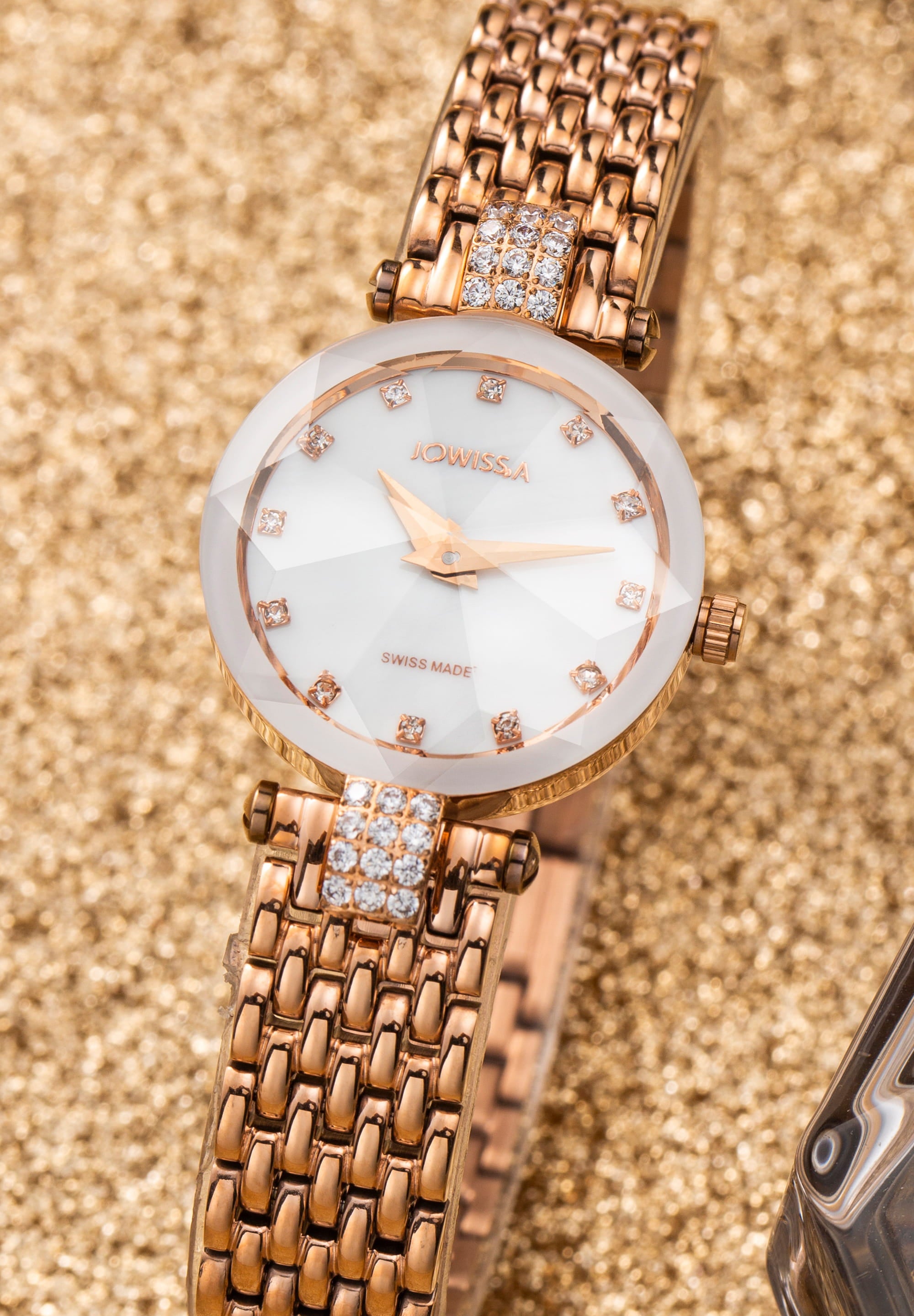 Facet Strass Swiss Ladies Watch J5.635.S featuring a white mother-of-pearl dial and rose-gold mesh band, showcasing elegance and sophistication.