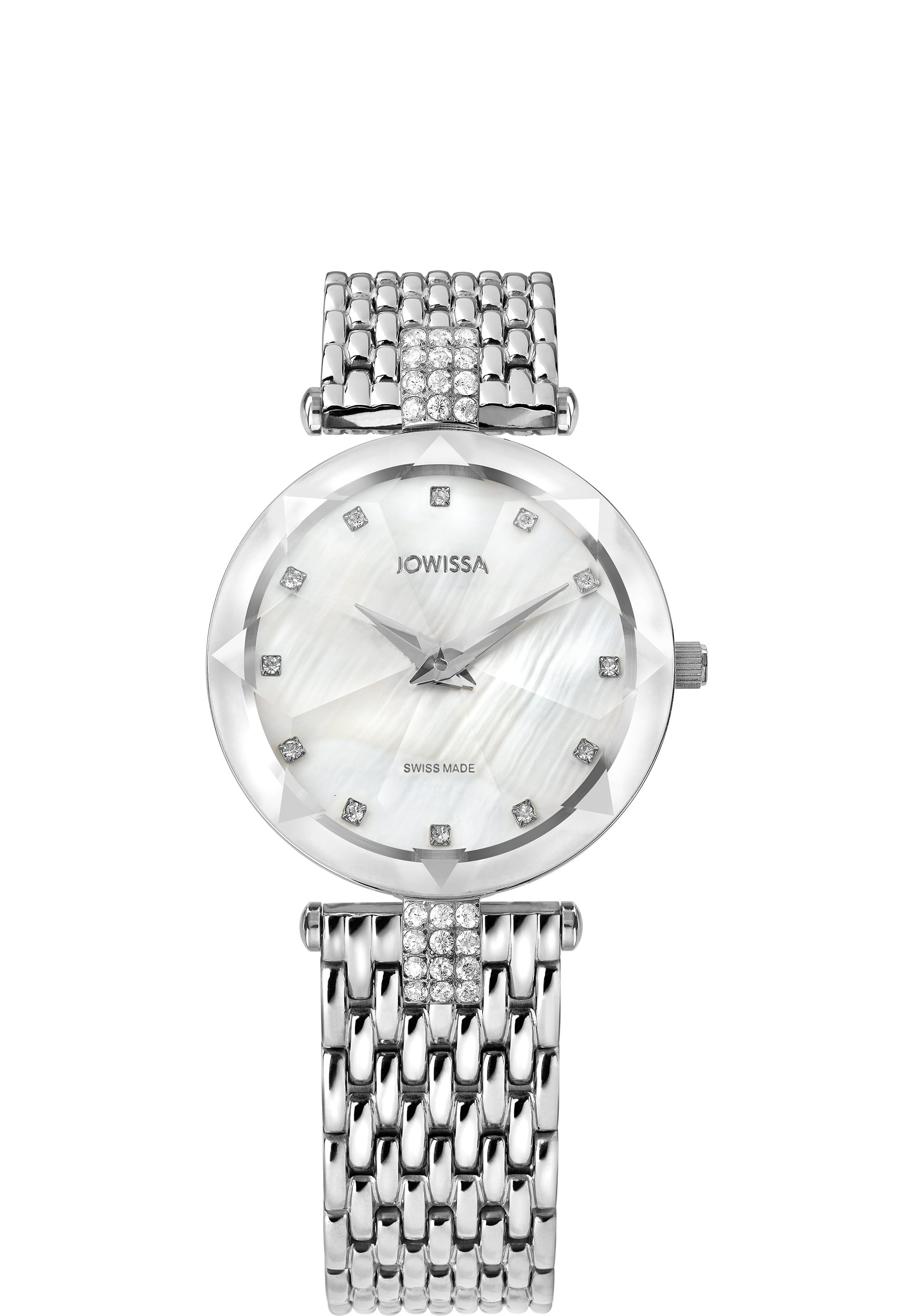 Facet Strass Swiss Ladies Watch J5.636.M featuring a mother-of-pearl dial, rhinestones, and a silver mesh band, showcasing elegance and luxury.