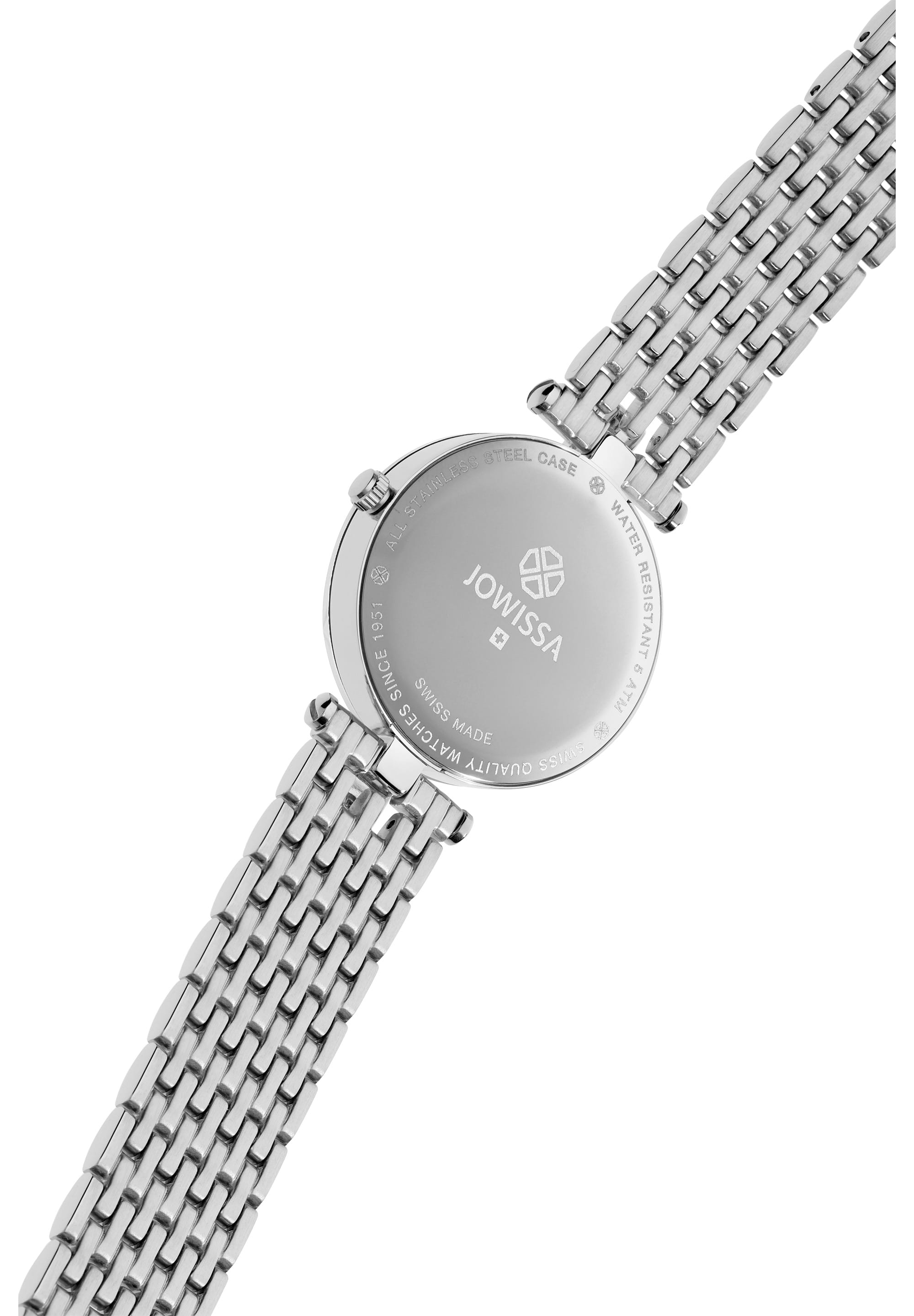 Facet Strass Swiss Ladies Watch J5.636.M featuring a mother-of-pearl dial, rhinestones, and a silver mesh band, showcasing elegance and luxury.