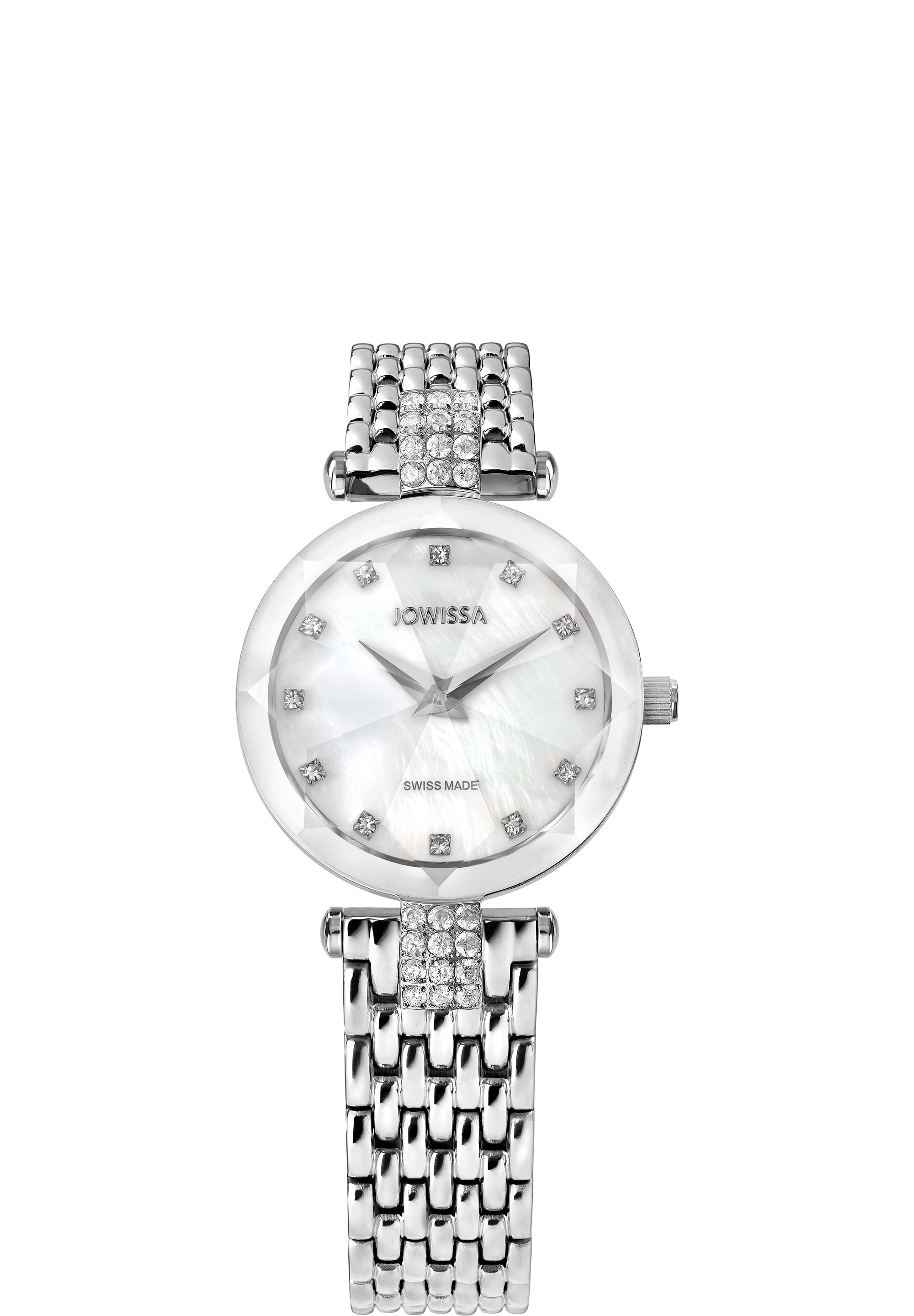 Facet Strass Swiss Ladies Watch J5.636.S featuring a mother-of-pearl dial, rhinestones, and a silver mesh band, showcasing elegance and style.