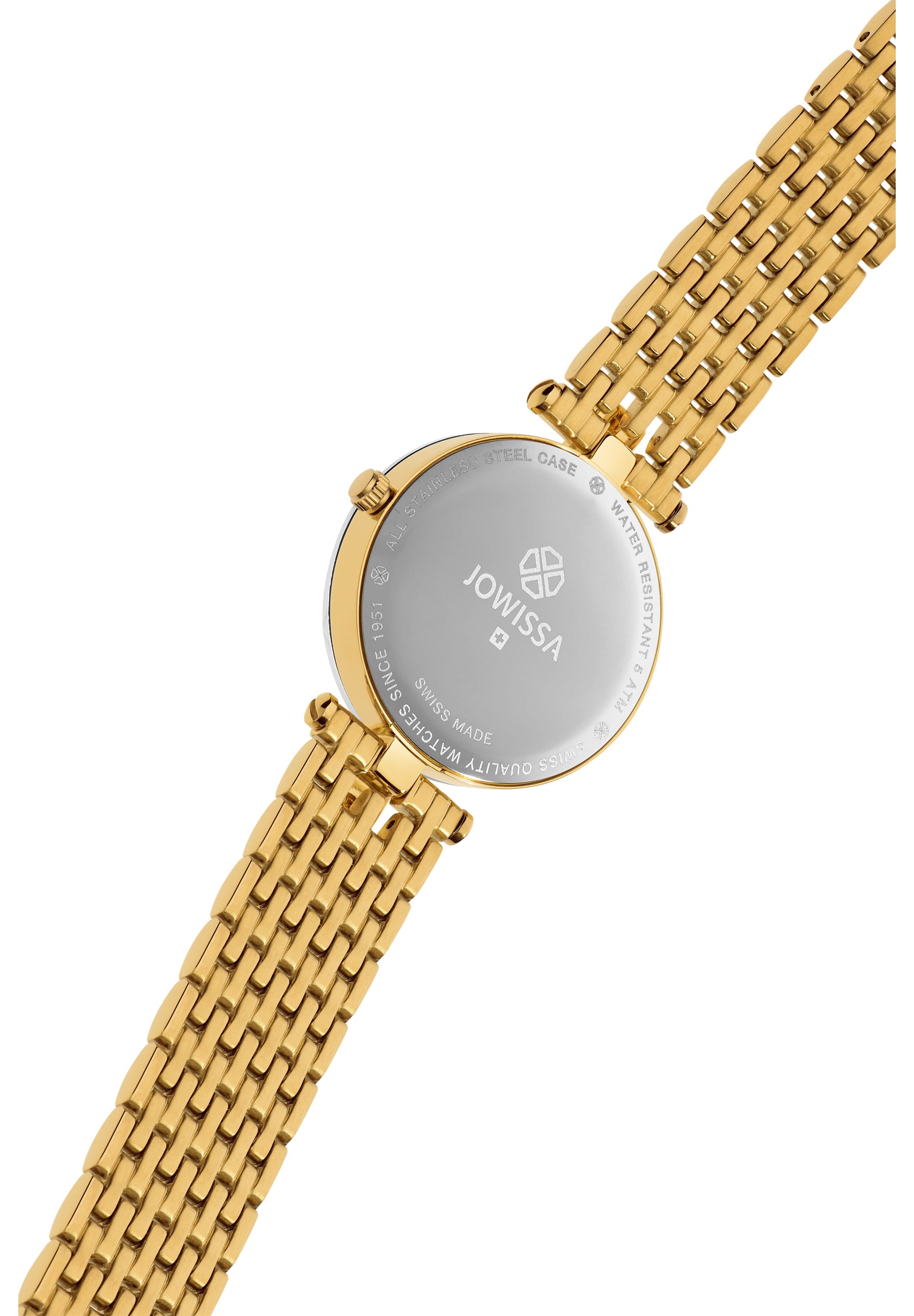 Facet Strass Swiss Ladies Watch J5.633.M featuring a white mother-of-pearl dial, gold mesh band, and sparkling rhinestones.