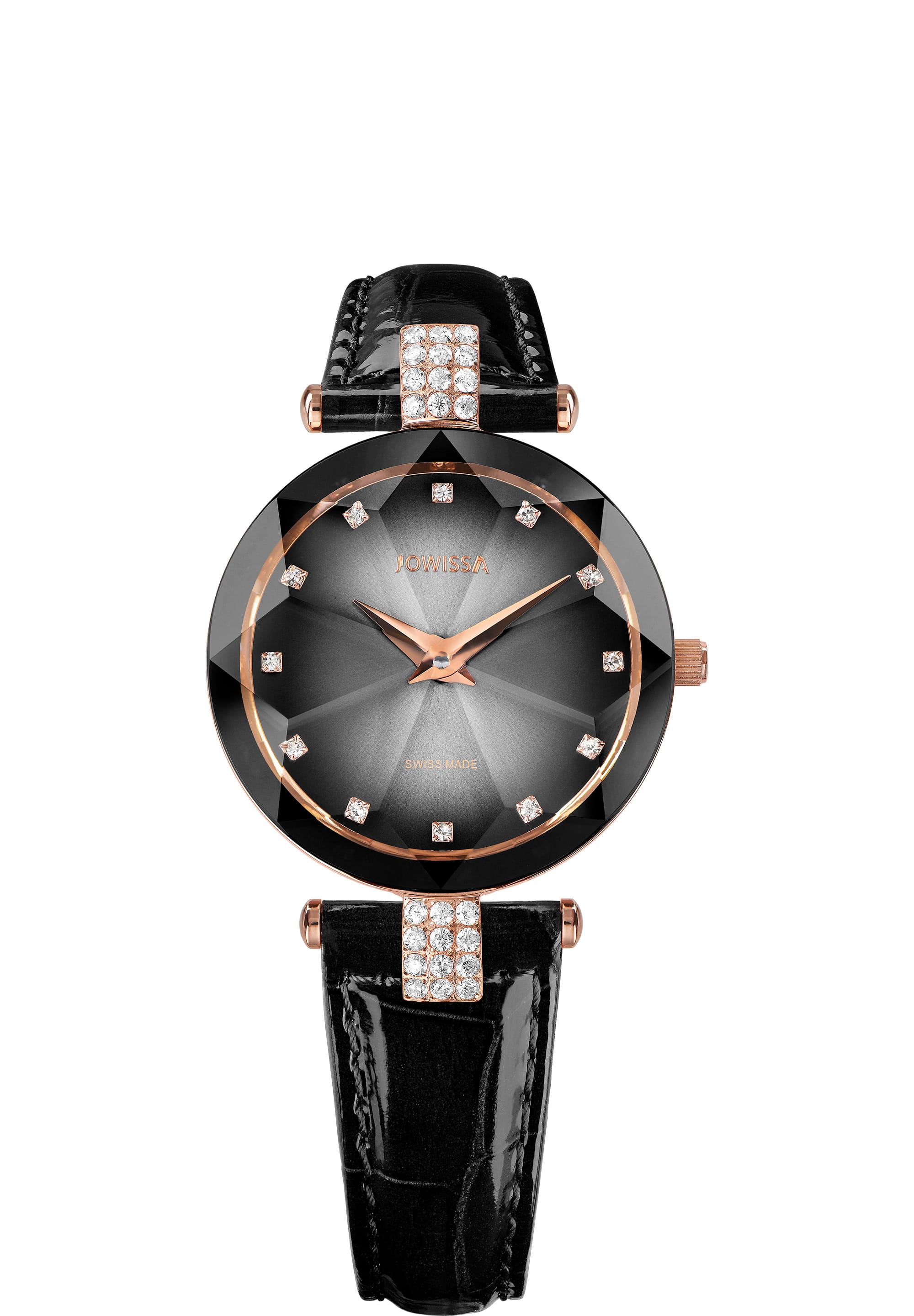 Facet Strass Swiss Ladies Watch J5.650.M featuring a black dial, rose-gold accents, and rhinestones, with a glossy black crocodile leather strap.