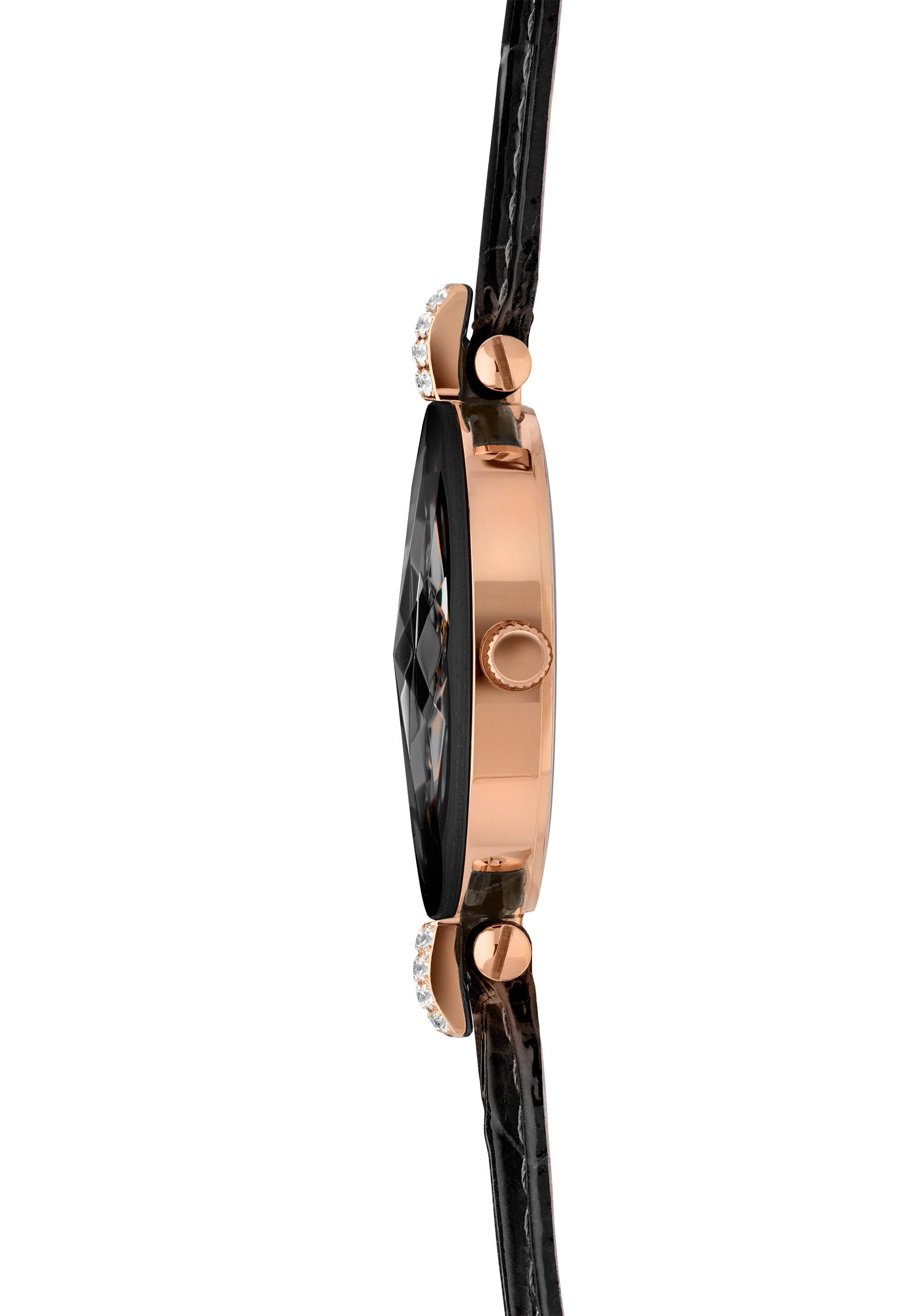 Facet Strass Swiss Ladies Watch J5.650.M featuring a black dial, rose-gold accents, and rhinestones, with a glossy black crocodile leather strap.