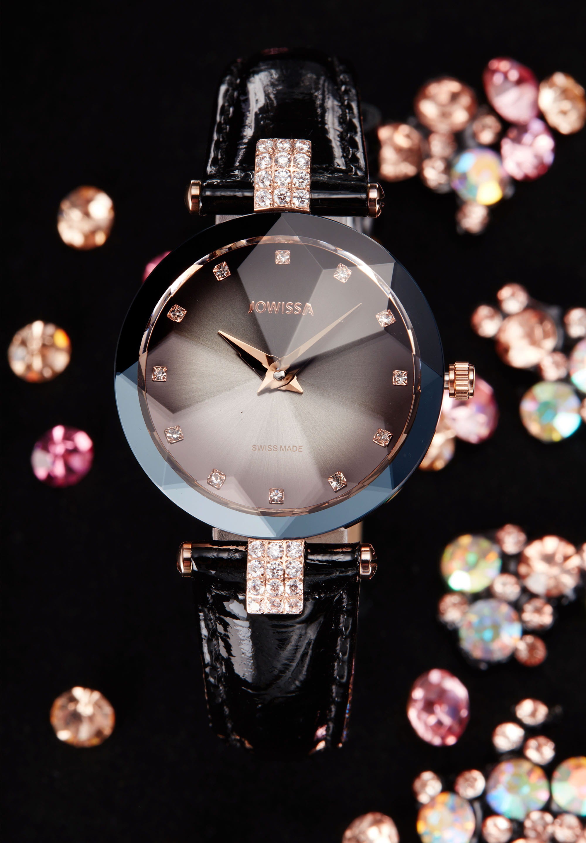 Facet Strass Swiss Ladies Watch J5.650.M featuring a black dial, rose-gold accents, and rhinestones, with a glossy black crocodile leather strap.