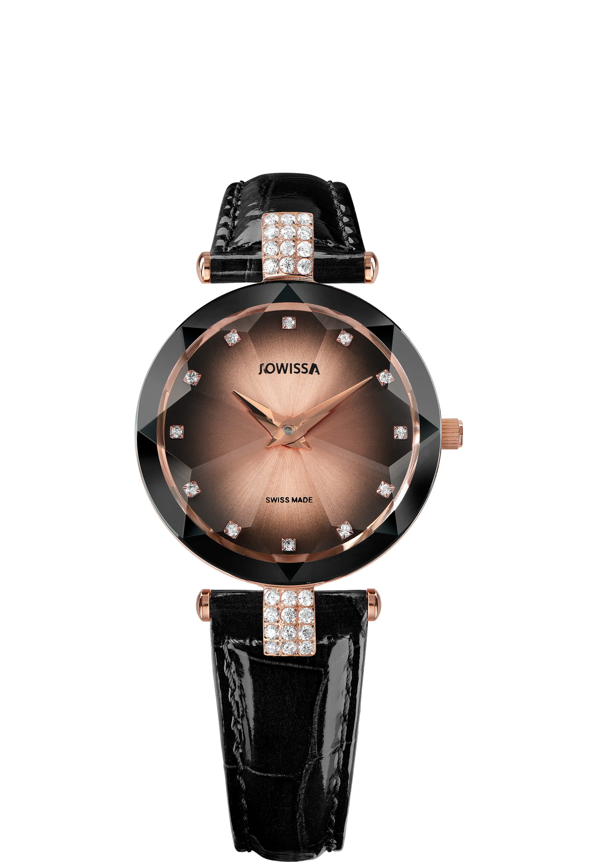 Facet Strass Swiss Ladies Watch J5.651.M featuring a rose-gold and black dial with sparkling hour indices and a crocodile-embossed leather strap.