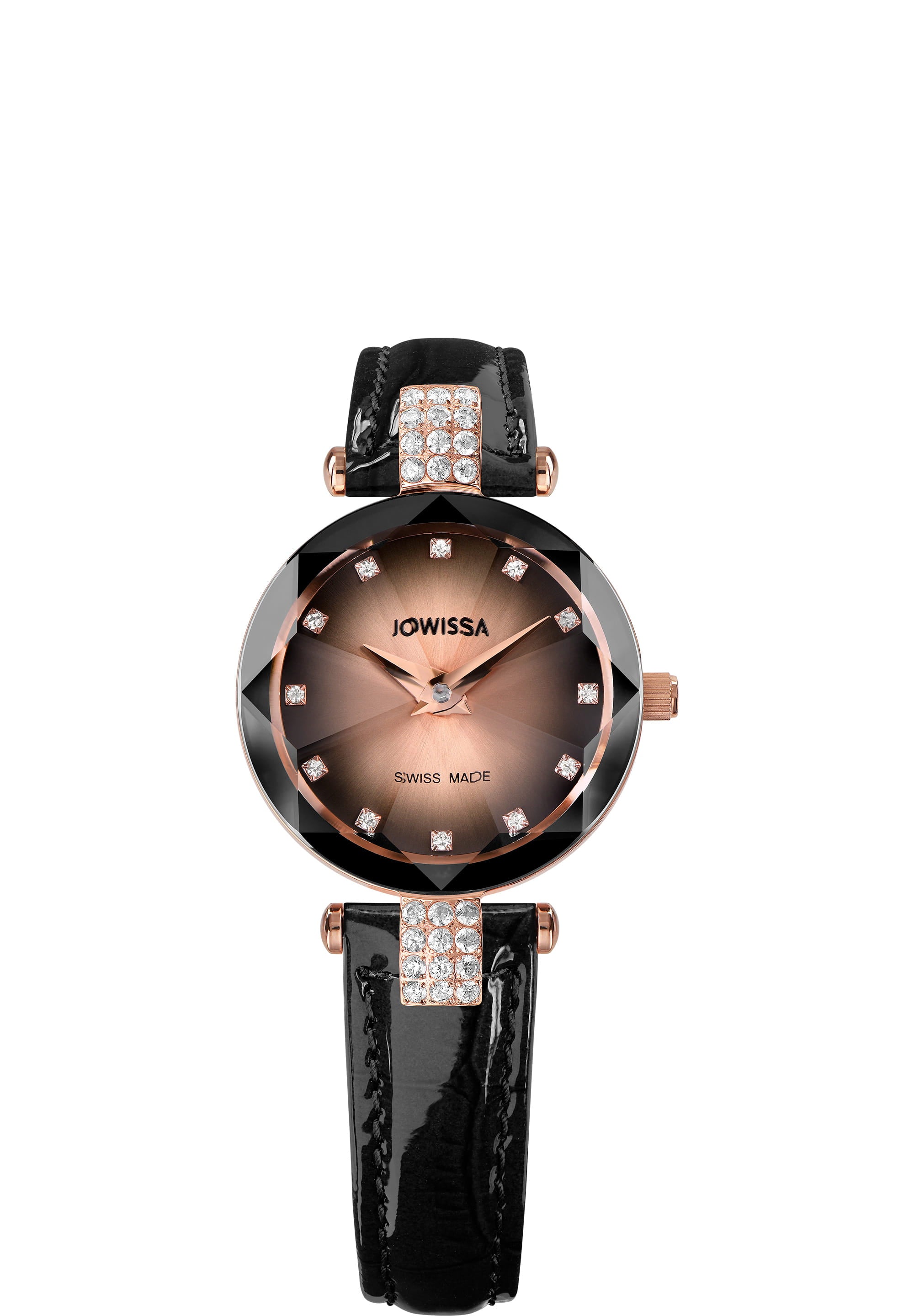 Facet Strass Swiss Ladies Watch J5.651.S featuring a rose-gold and black dial, sparkling rhinestones, and a crocodile-embossed leather strap.