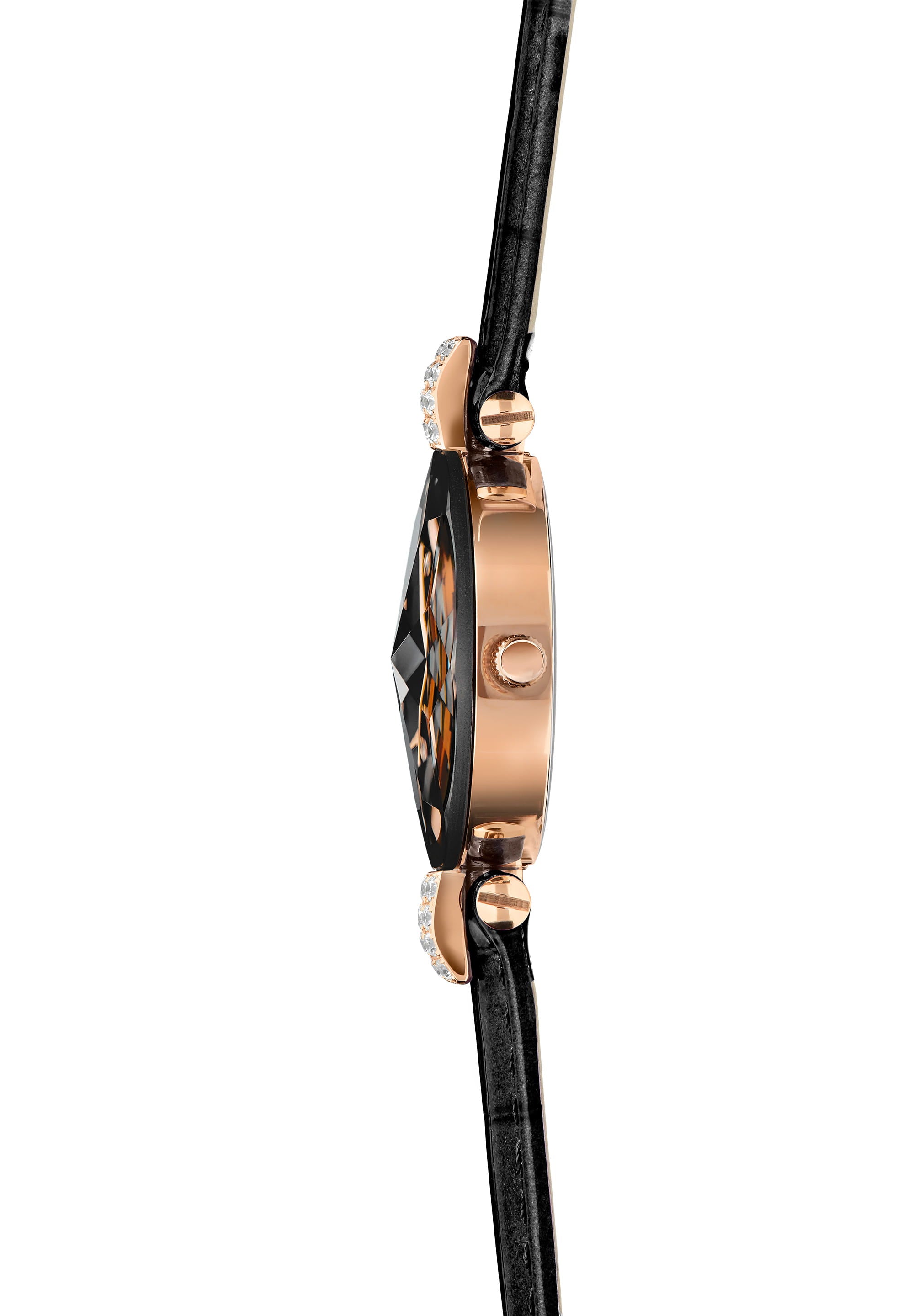 Facet Strass Swiss Ladies Watch J5.651.S featuring a rose-gold and black dial, sparkling rhinestones, and a crocodile-embossed leather strap.