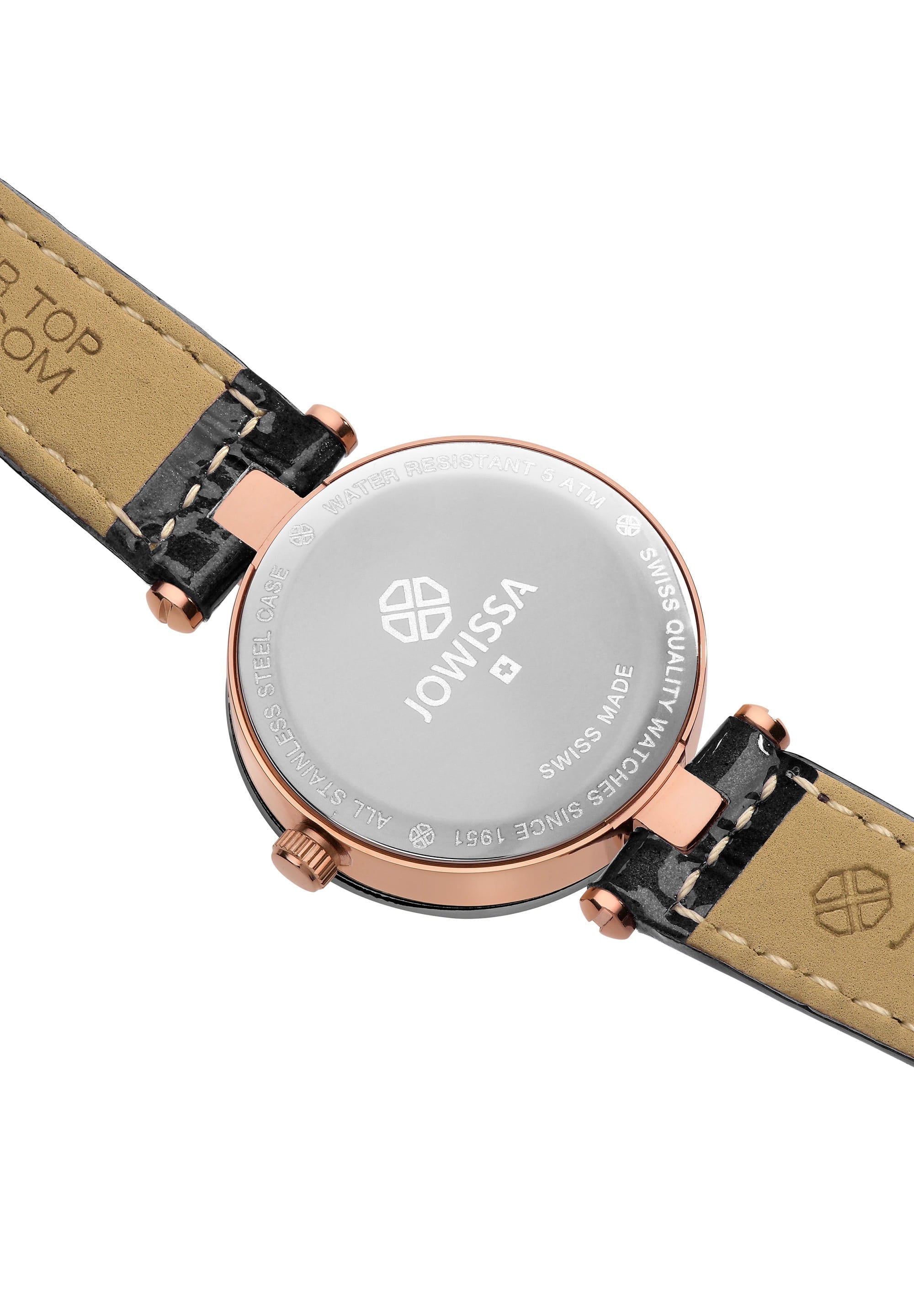 Facet Strass Swiss Ladies Watch J5.651.S featuring a rose-gold and black dial, sparkling rhinestones, and a crocodile-embossed leather strap.