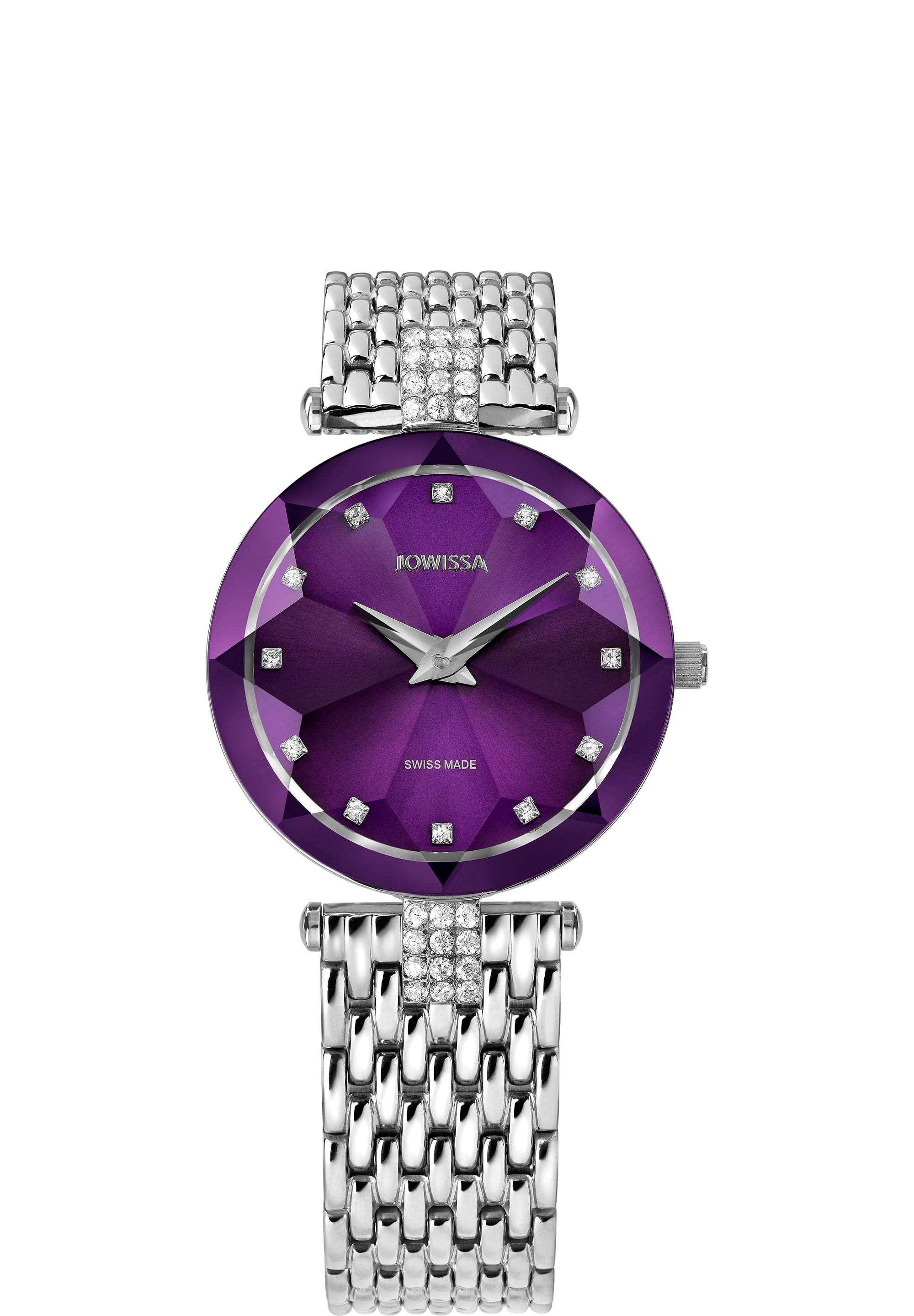 Facet Strass Swiss Ladies Watch J5.702.M featuring a jewel-bright purple dial, diamond-cut crystal, and polished silver-mesh bracelet.