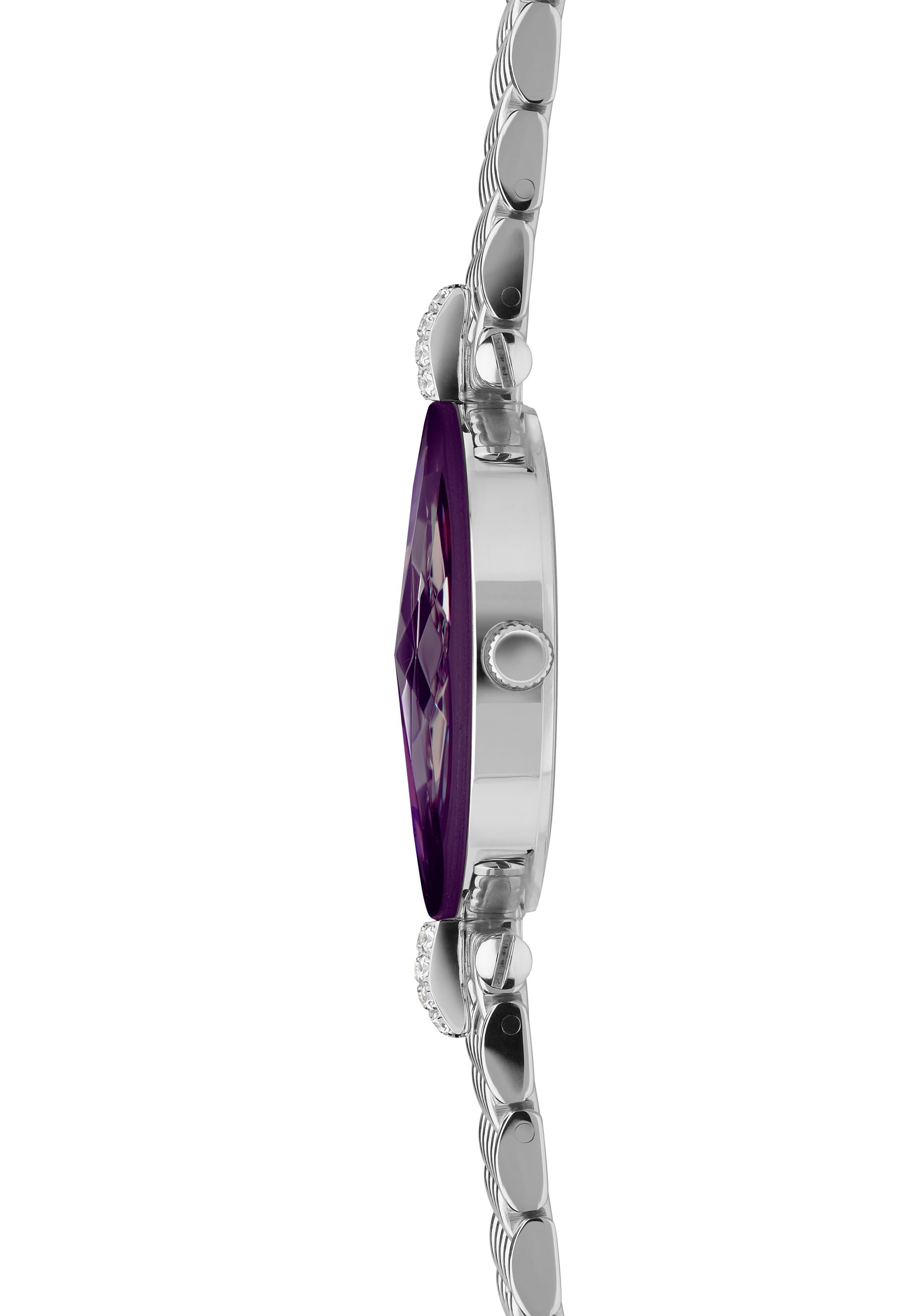 Facet Strass Swiss Ladies Watch J5.702.M featuring a jewel-bright purple dial, diamond-cut crystal, and polished silver-mesh bracelet.