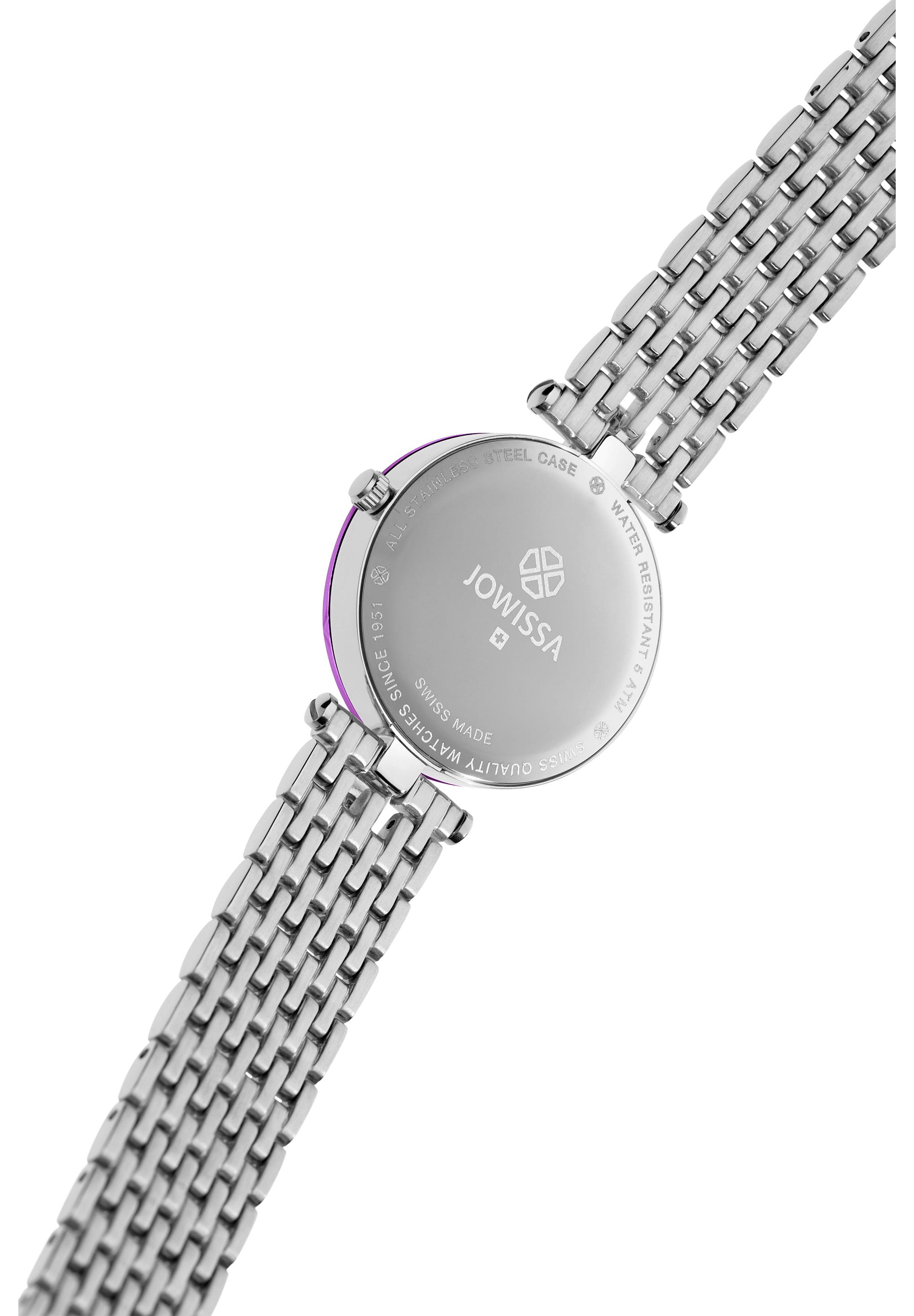 Facet Strass Swiss Ladies Watch J5.702.M featuring a jewel-bright purple dial, diamond-cut crystal, and polished silver-mesh bracelet.