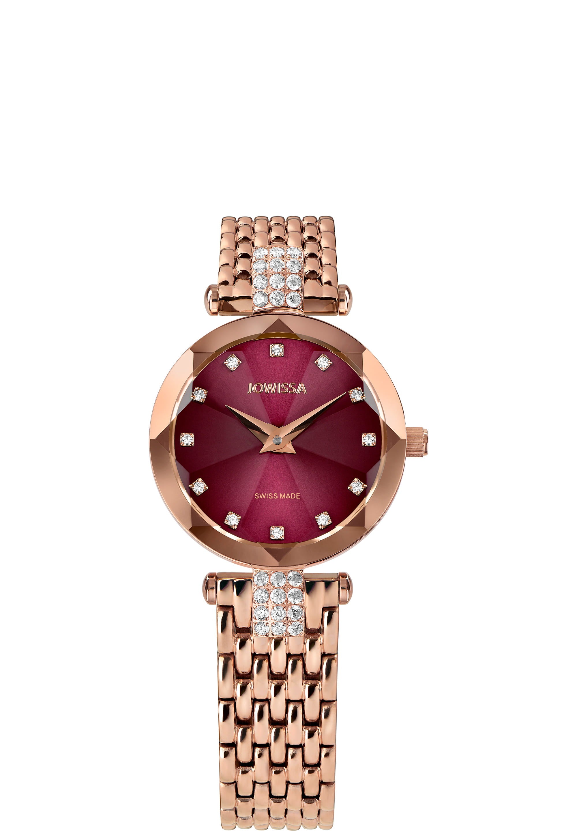 Facet Strass Swiss Ladies Watch J5.714.S featuring a rose gold mesh band and burgundy sunray dial with sparkling rhinestones.