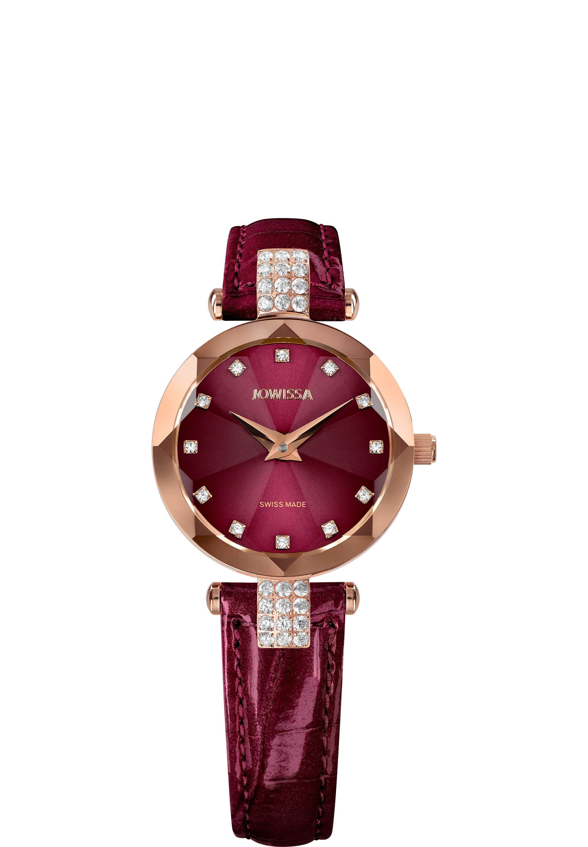 Facet Strass Swiss Ladies Watch J5.771.S featuring a burgundy sunray dial, rhinestones, and a glossy crocodile leather strap.