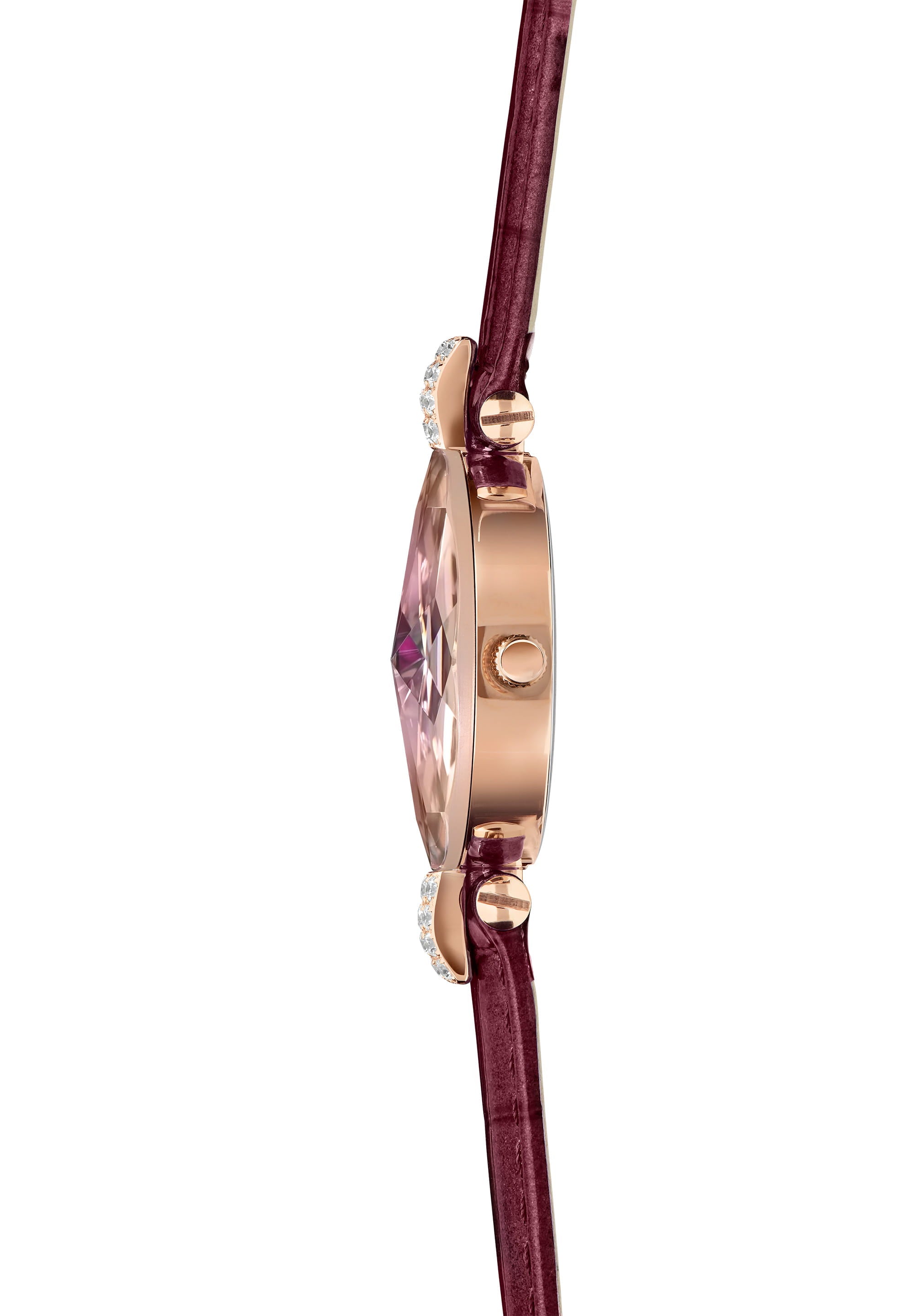 Facet Strass Swiss Ladies Watch J5.771.S featuring a burgundy sunray dial, rhinestones, and a glossy crocodile leather strap.