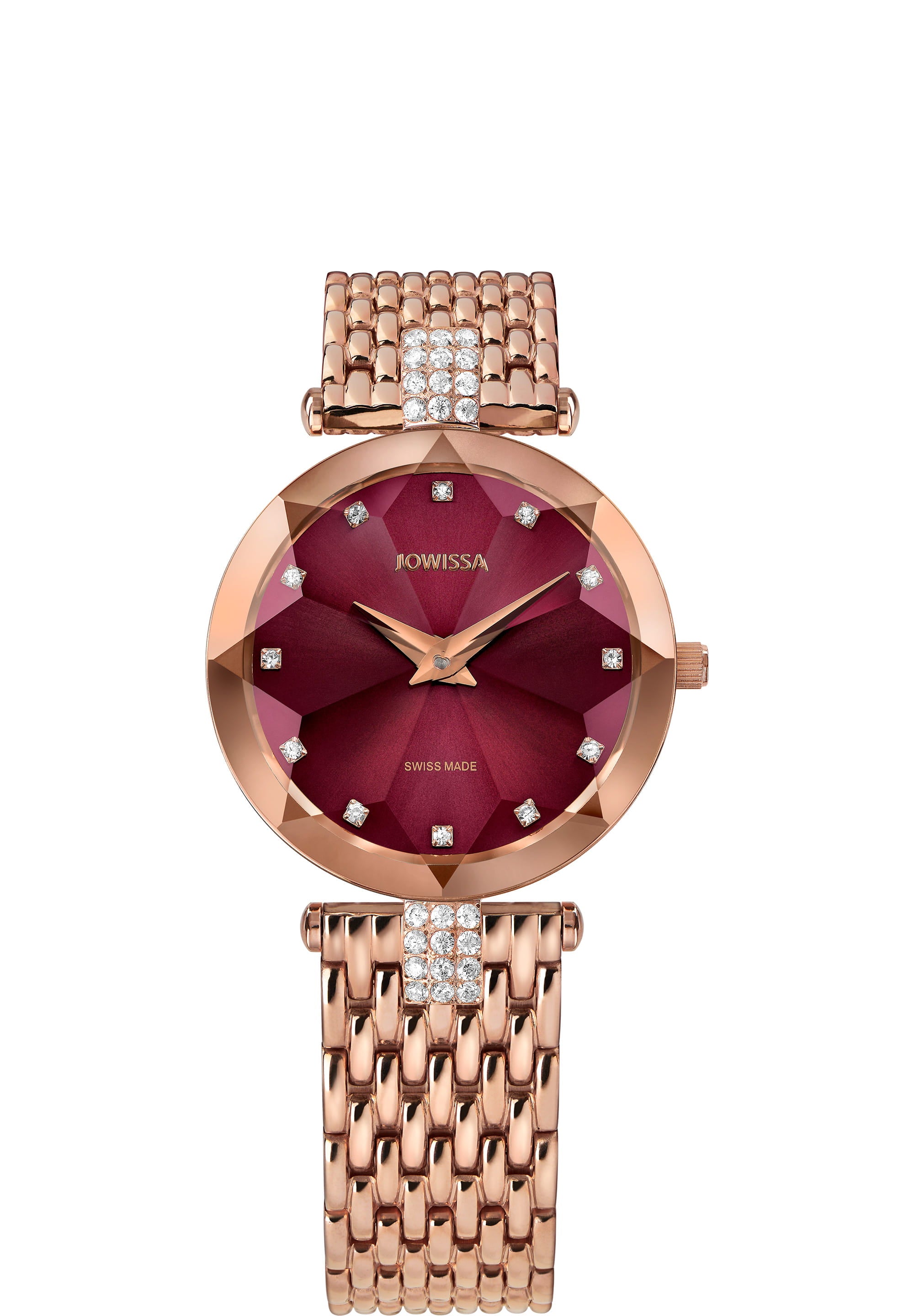 Facet Strass Swiss Ladies Watch J5.772.M featuring a rose gold design and burgundy sunray dial with sparkling rhinestones.