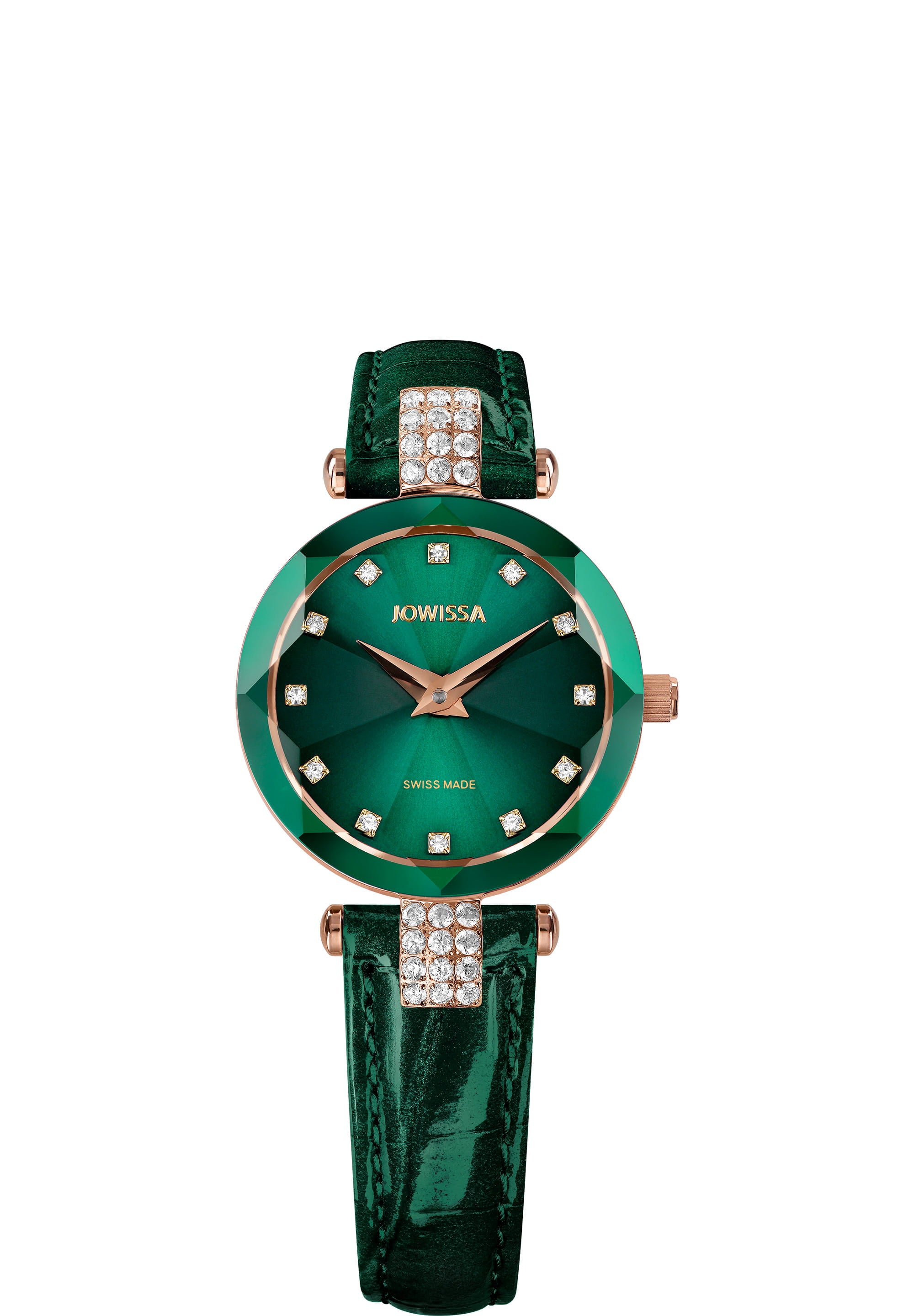 Facet Strass Swiss Ladies Watch J5.775.S featuring an ocean-green sunray dial, Strass stones, and a crocodile leather strap.