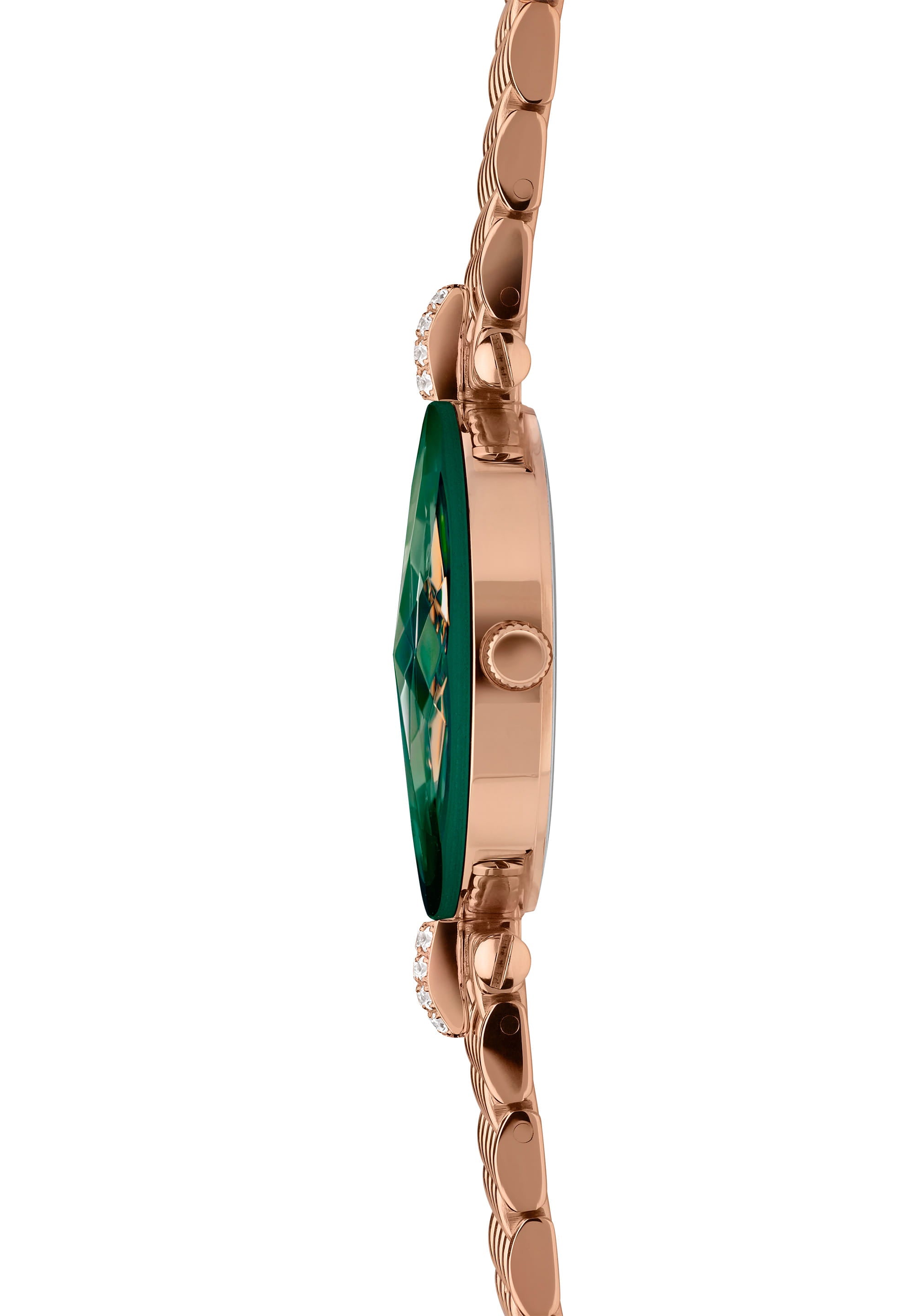 Facet Strass Swiss Ladies Watch J5.776.M featuring a green sunray dial, diamond-cut crystal, and rose-gold mesh bracelet.