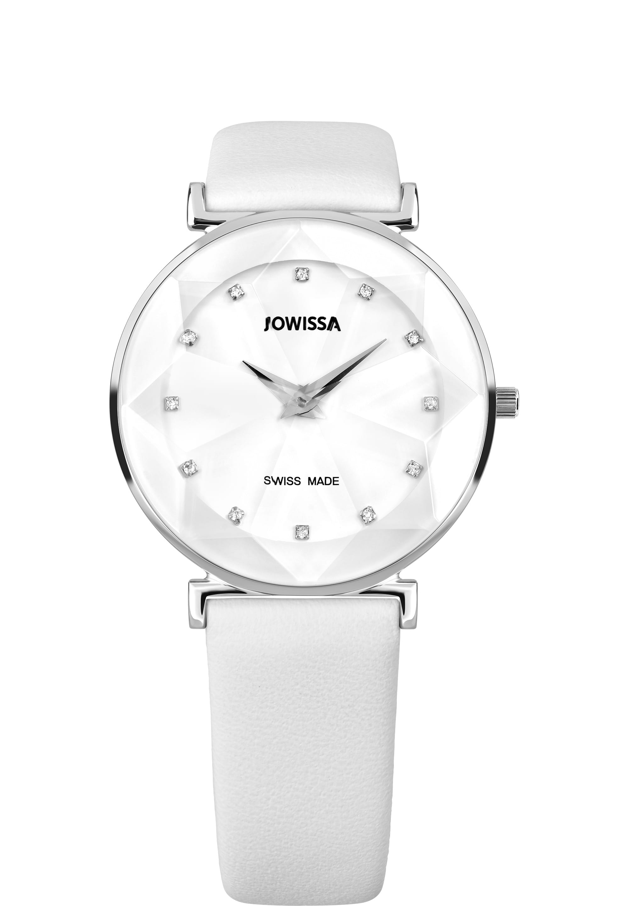 Facet Swiss Ladies Watch J5.551.L featuring a stainless steel case, white dial with rhinestones, and a genuine leather strap.