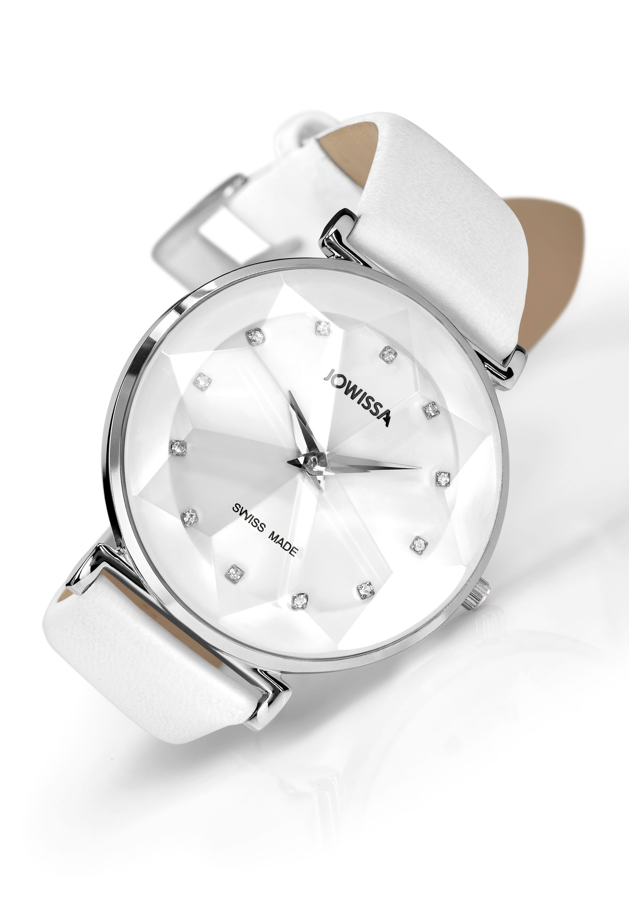 Facet Swiss Ladies Watch J5.551.L featuring a stainless steel case, white dial with rhinestones, and a genuine leather strap.