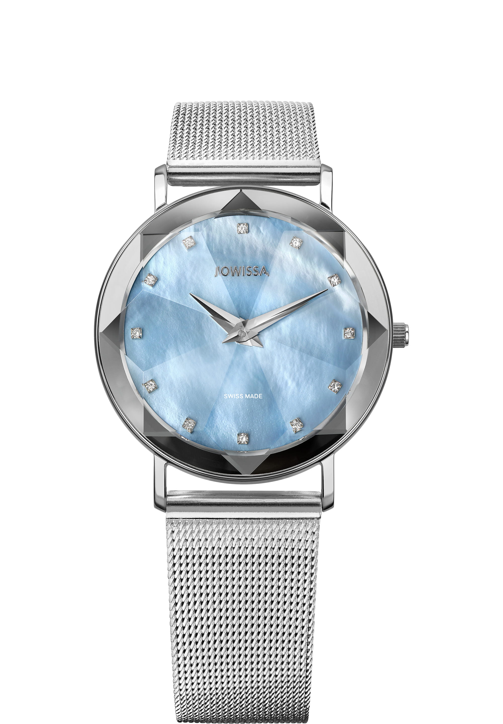 Facet Swiss Ladies Watch J5.238.L featuring a blue mother-of-pearl dial, stainless steel case, and mesh band, showcasing elegance and sophistication.