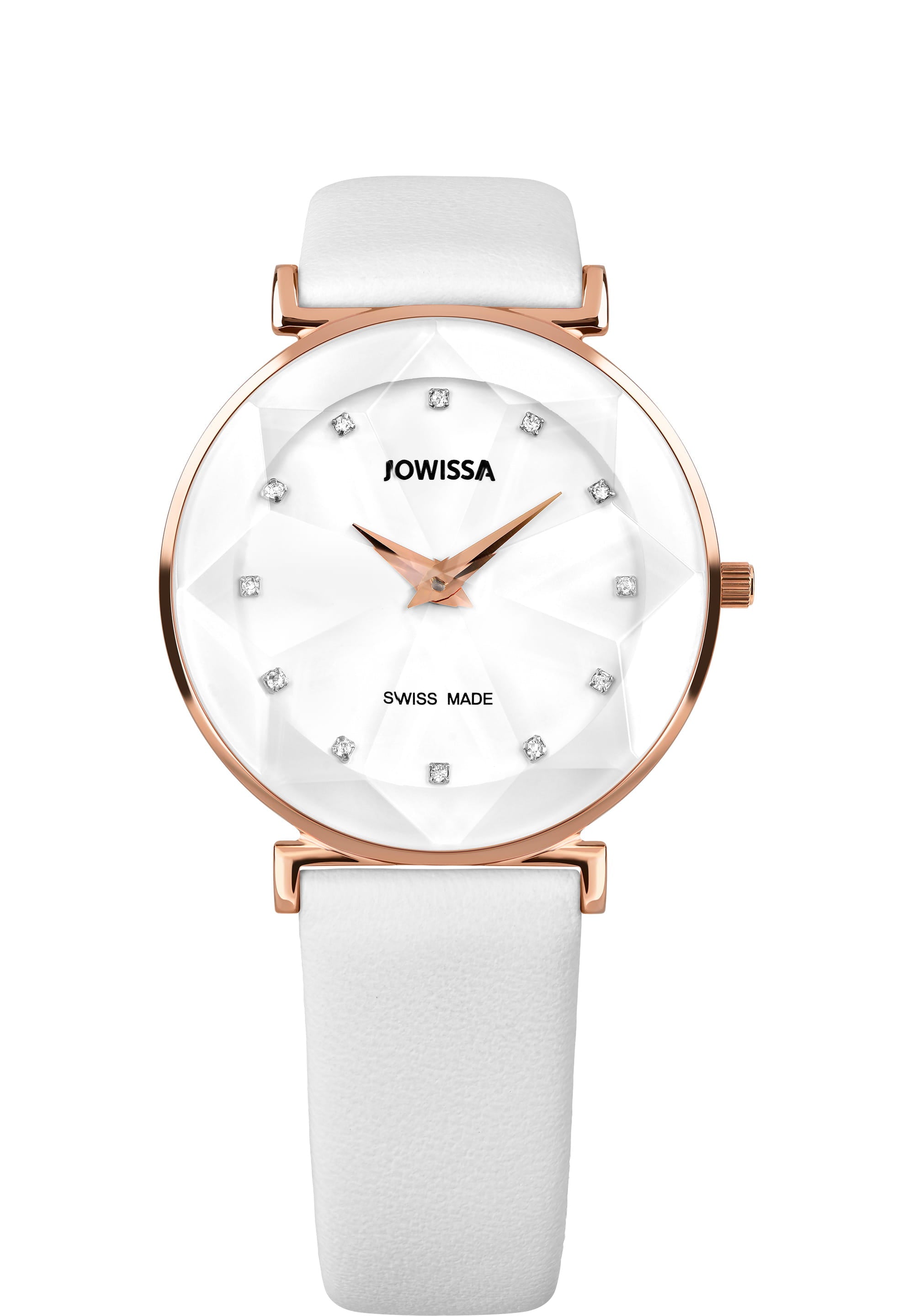 Facet Swiss Ladies Watch J5.545.L featuring a stainless steel case, tempered mineral glass, and a genuine leather strap in rose and white colors.