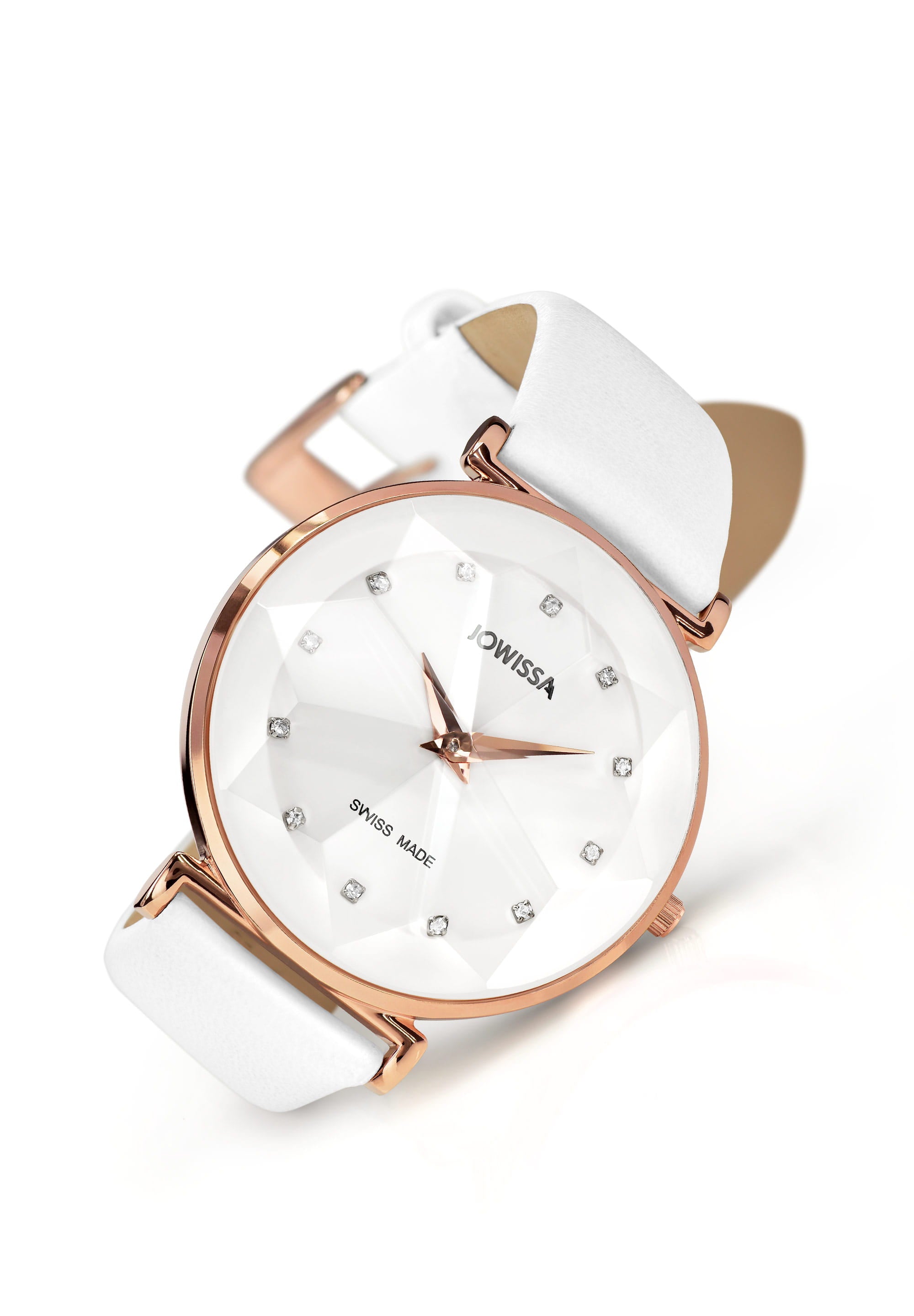 Facet Swiss Ladies Watch J5.545.L featuring a stainless steel case, tempered mineral glass, and a genuine leather strap in rose and white colors.