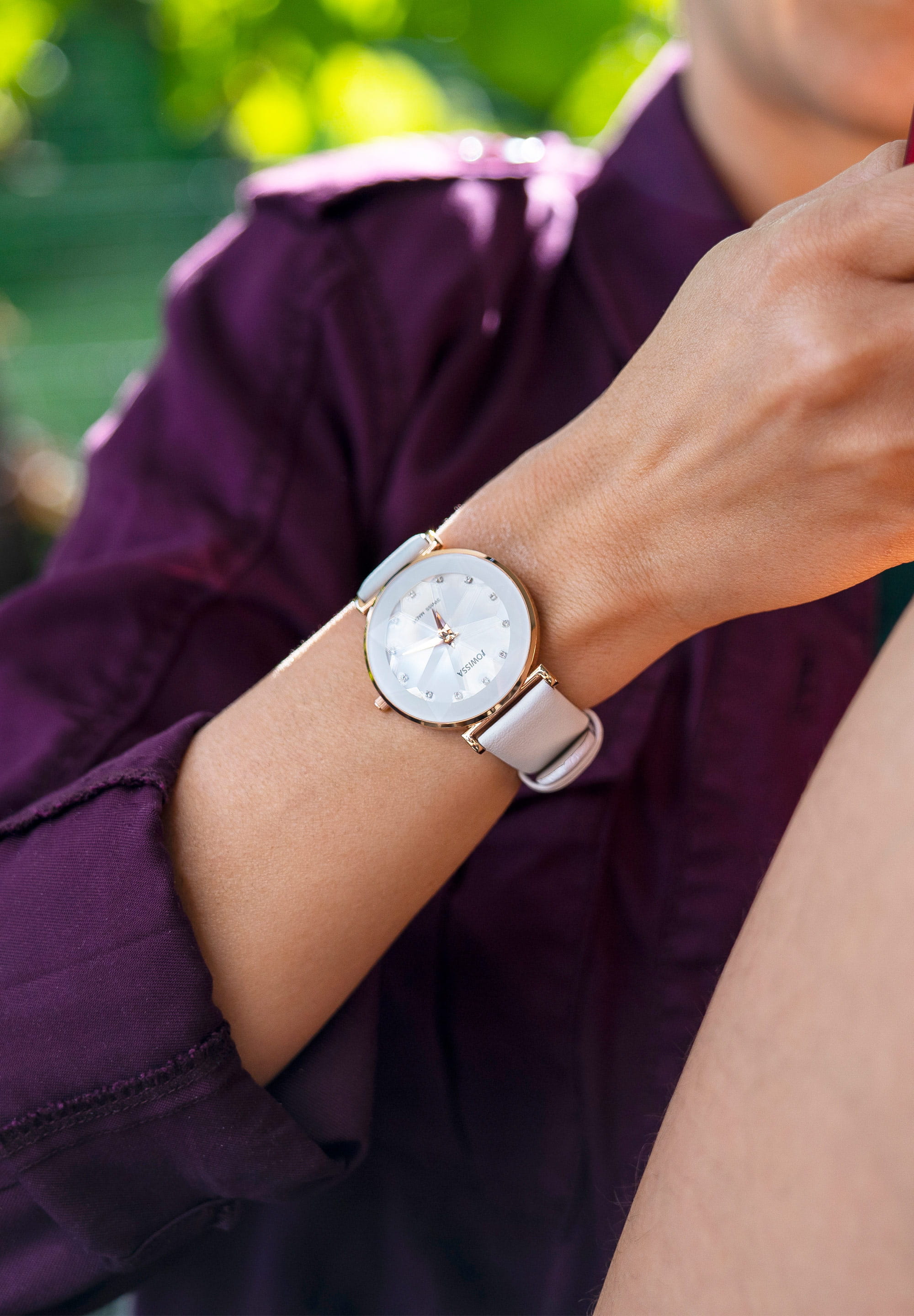 Facet Swiss Ladies Watch J5.545.L featuring a stainless steel case, tempered mineral glass, and a genuine leather strap in rose and white colors.