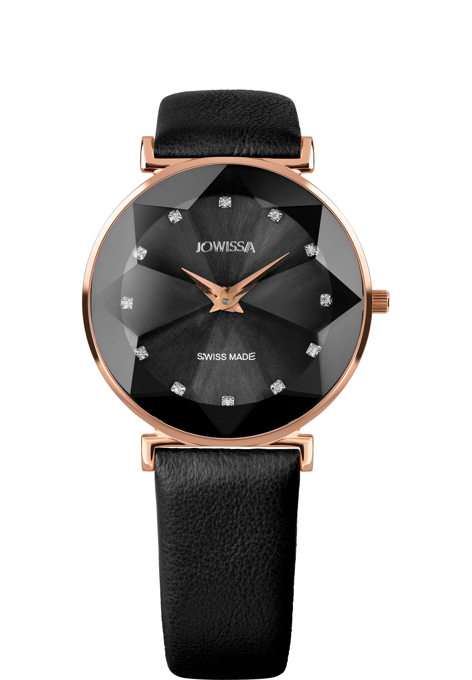 Facet Swiss Ladies Watch J5.549.L featuring a stainless steel case, diamond-cut glass, and a genuine leather strap in rose and black colors.