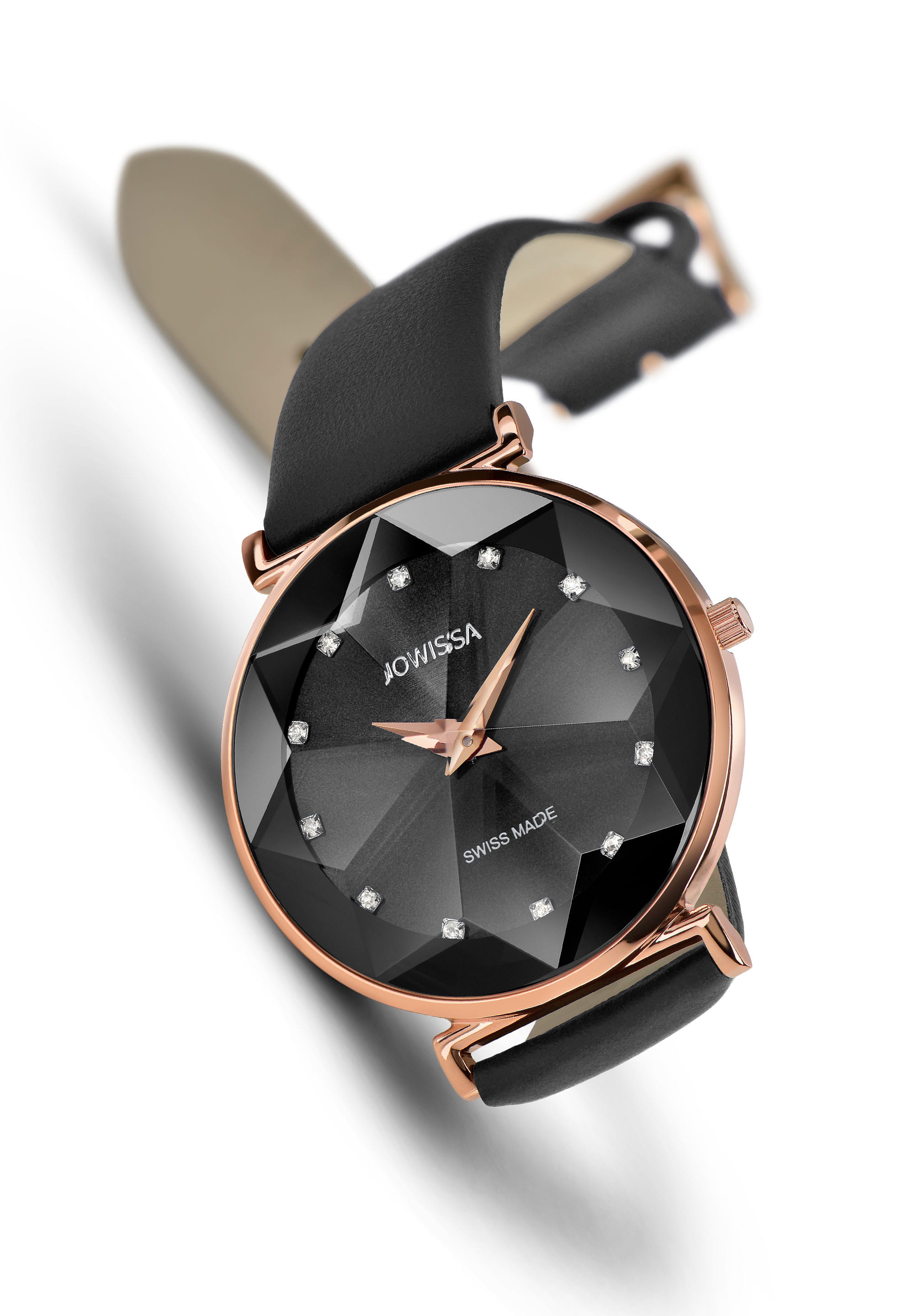 Facet Swiss Ladies Watch J5.549.L featuring a stainless steel case, diamond-cut glass, and a genuine leather strap in rose and black colors.