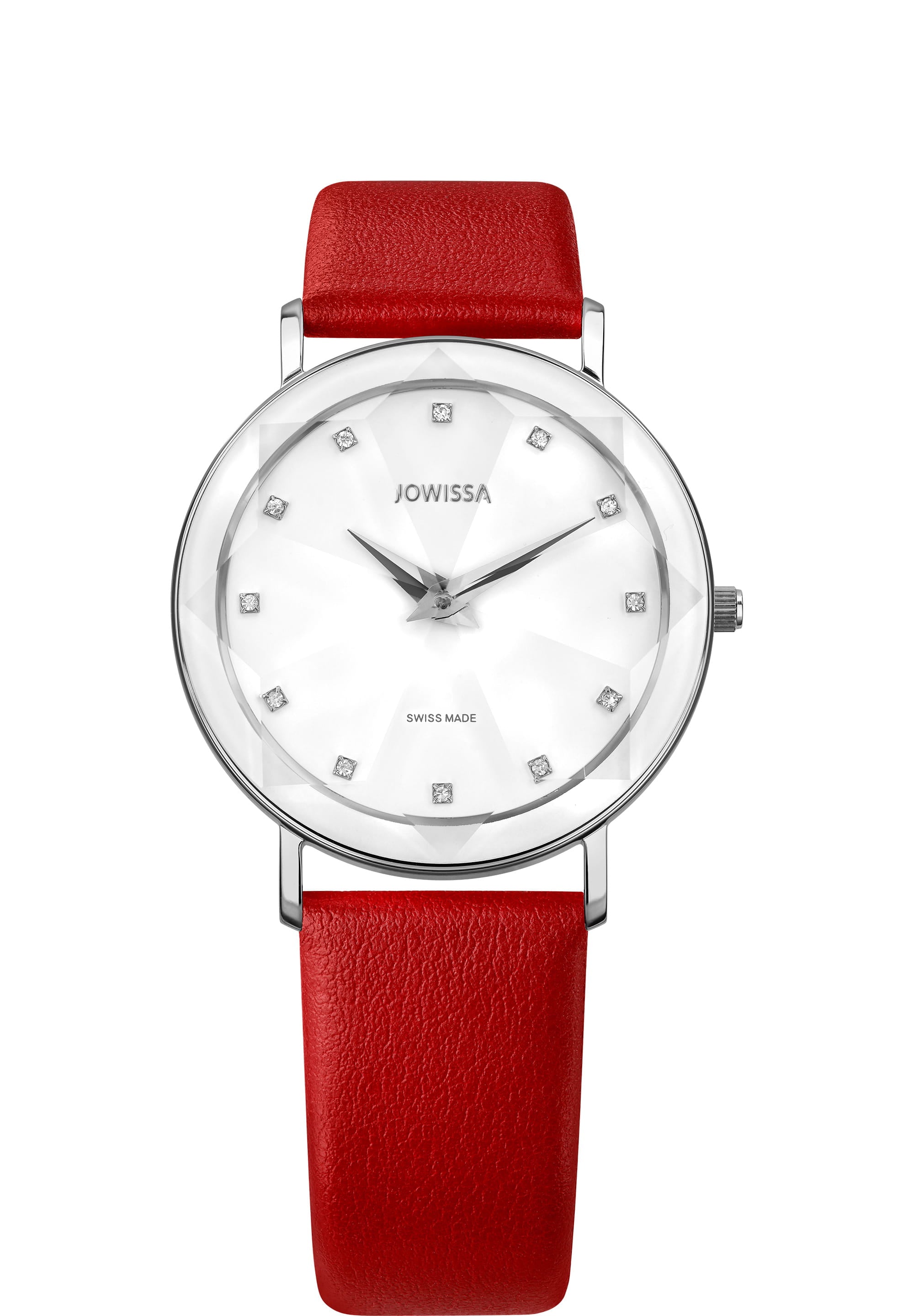 Facet Swiss Ladies Watch J5.602.L featuring a white enamel dial, rhinestones, and a ruby red Italian leather strap.