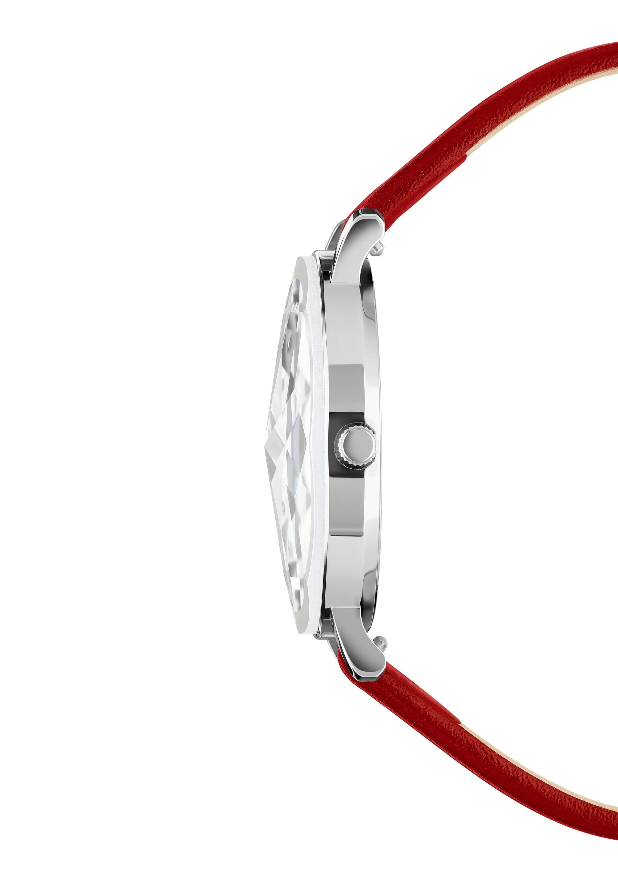 Facet Swiss Ladies Watch J5.602.L featuring a white enamel dial, rhinestones, and a ruby red Italian leather strap.