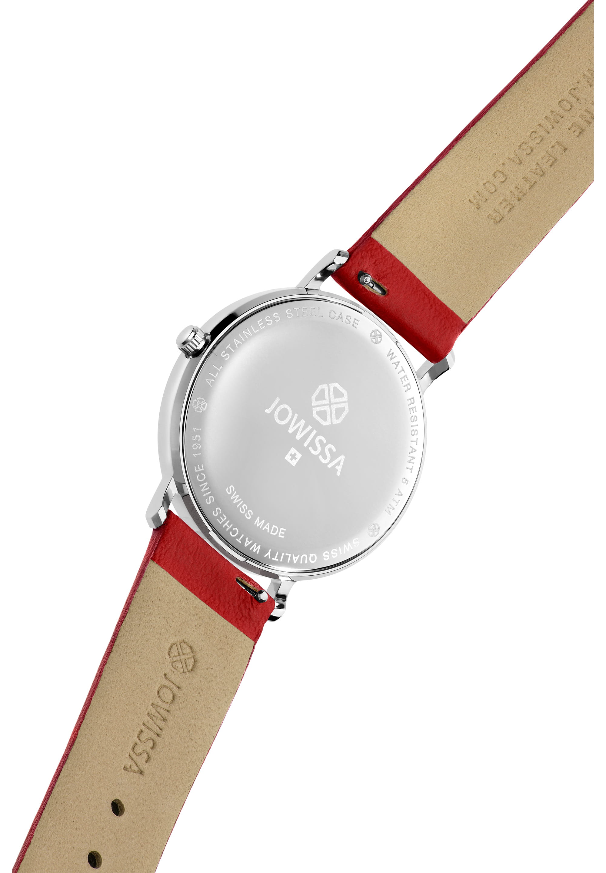 Facet Swiss Ladies Watch J5.602.L featuring a white enamel dial, rhinestones, and a ruby red Italian leather strap.