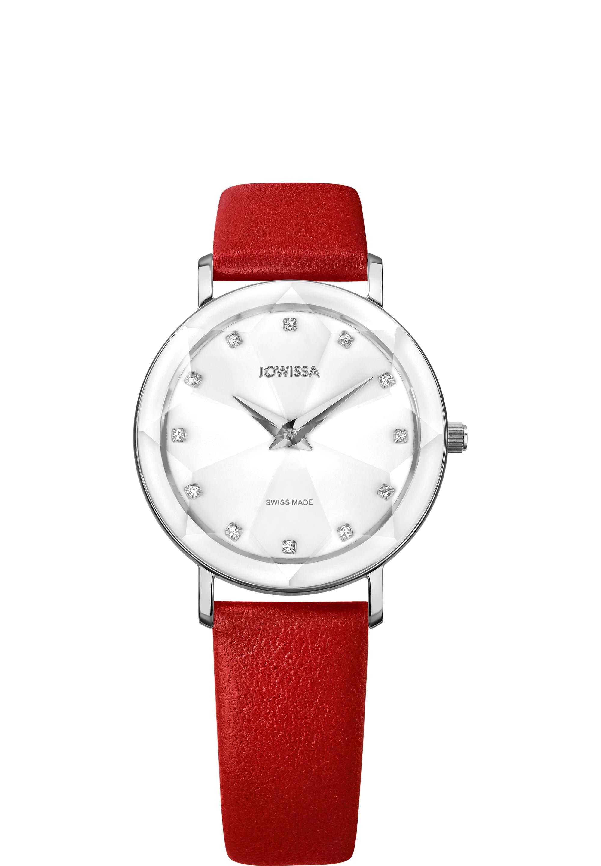 Facet Swiss Ladies Watch J5.602.M featuring a white enamel dial, rhinestones, and a ruby red Italian leather strap.