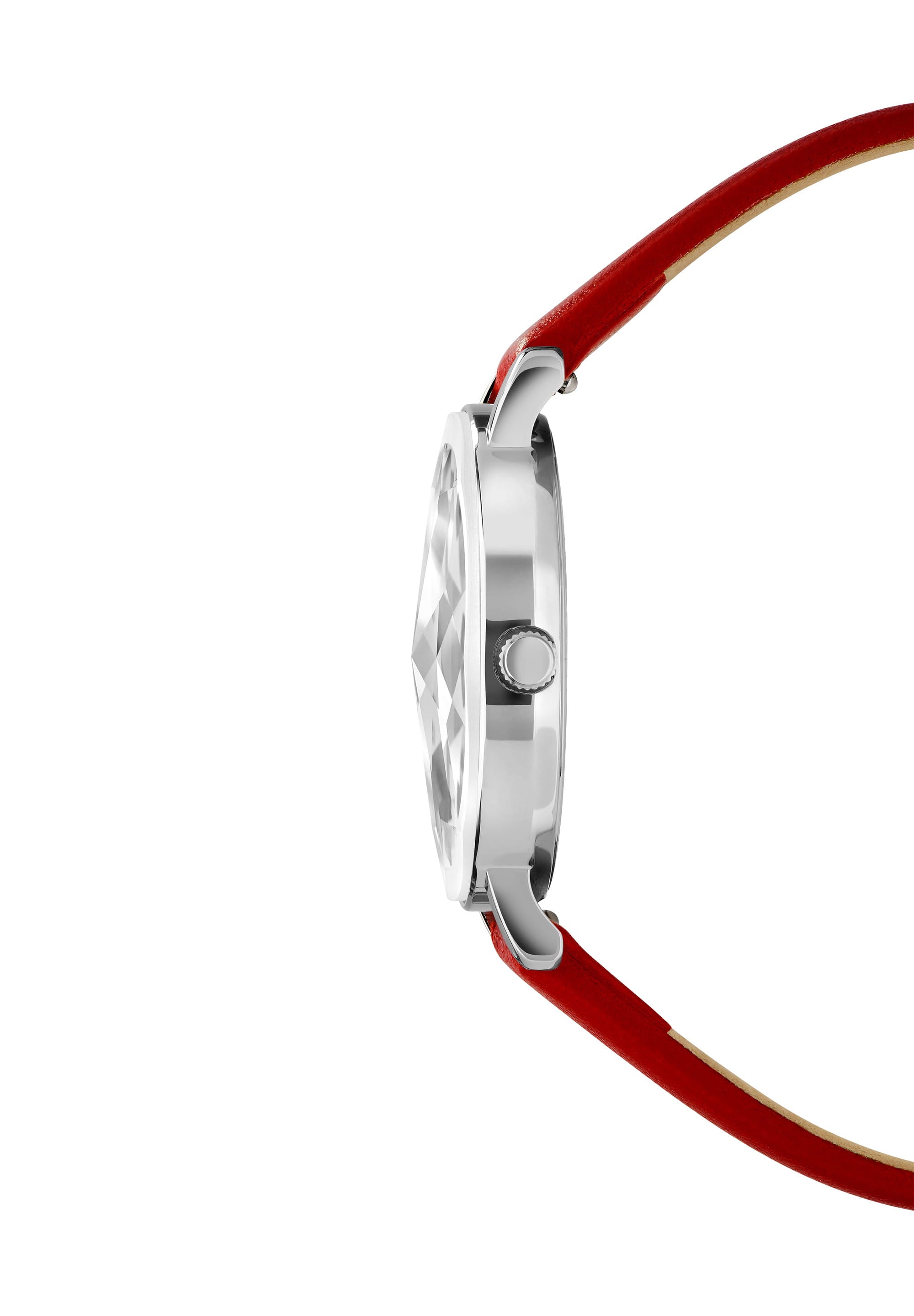 Facet Swiss Ladies Watch J5.602.M featuring a white enamel dial, rhinestones, and a ruby red Italian leather strap.