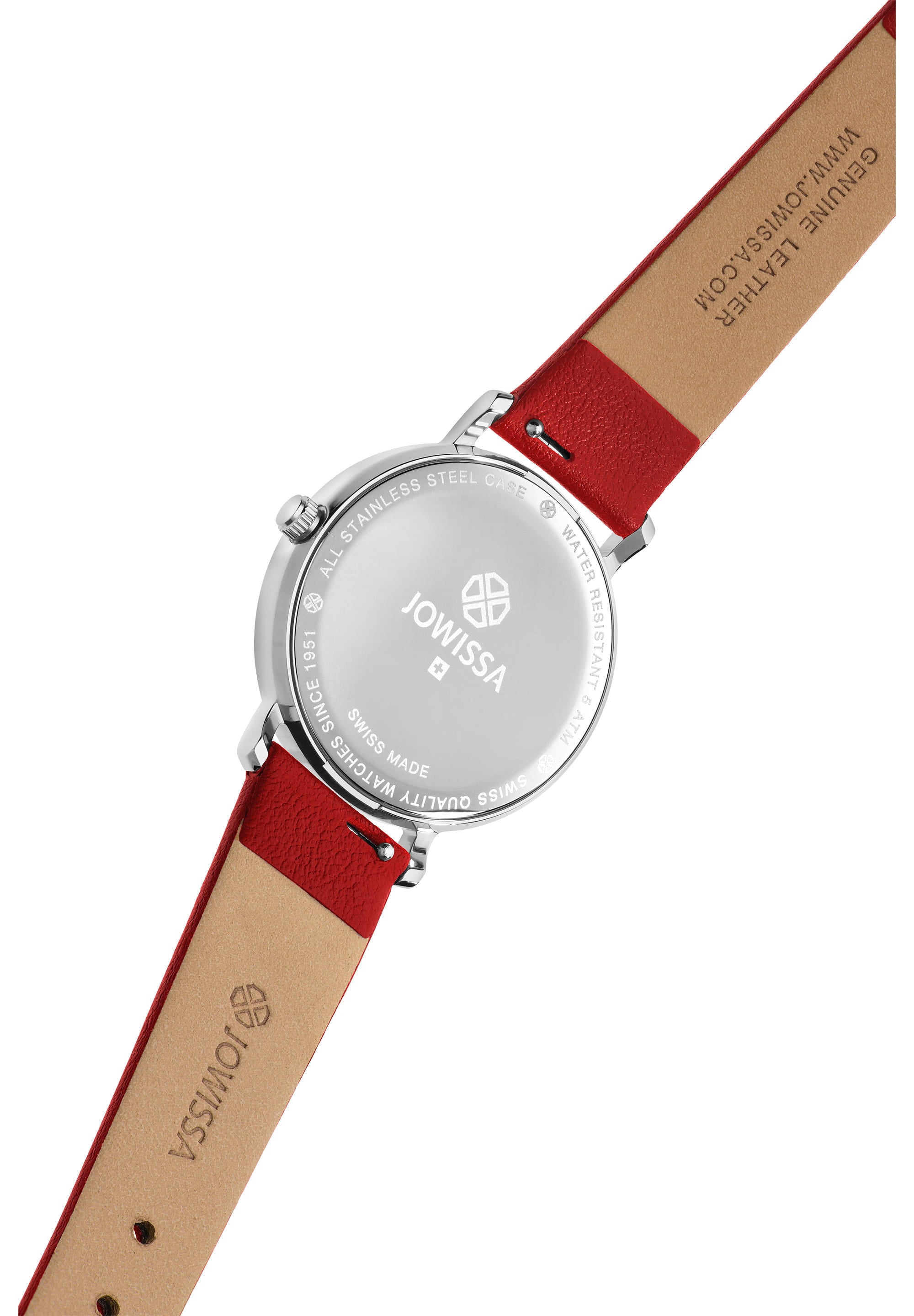 Facet Swiss Ladies Watch J5.602.M featuring a white enamel dial, rhinestones, and a ruby red Italian leather strap.