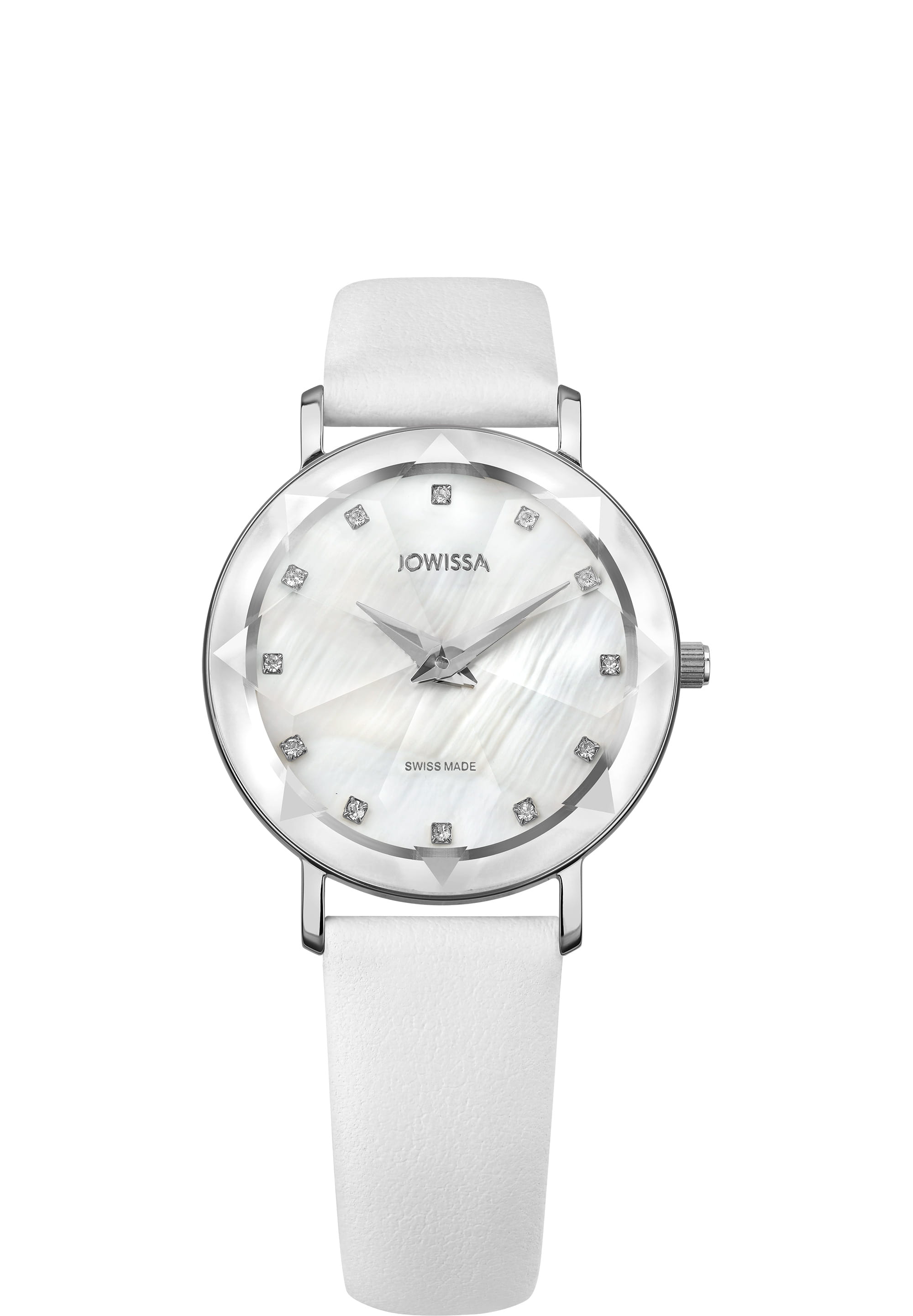 Facet Swiss Ladies Watch J5.603.M featuring a white mother-of-pearl dial, rhinestones, and an Italian leather strap.