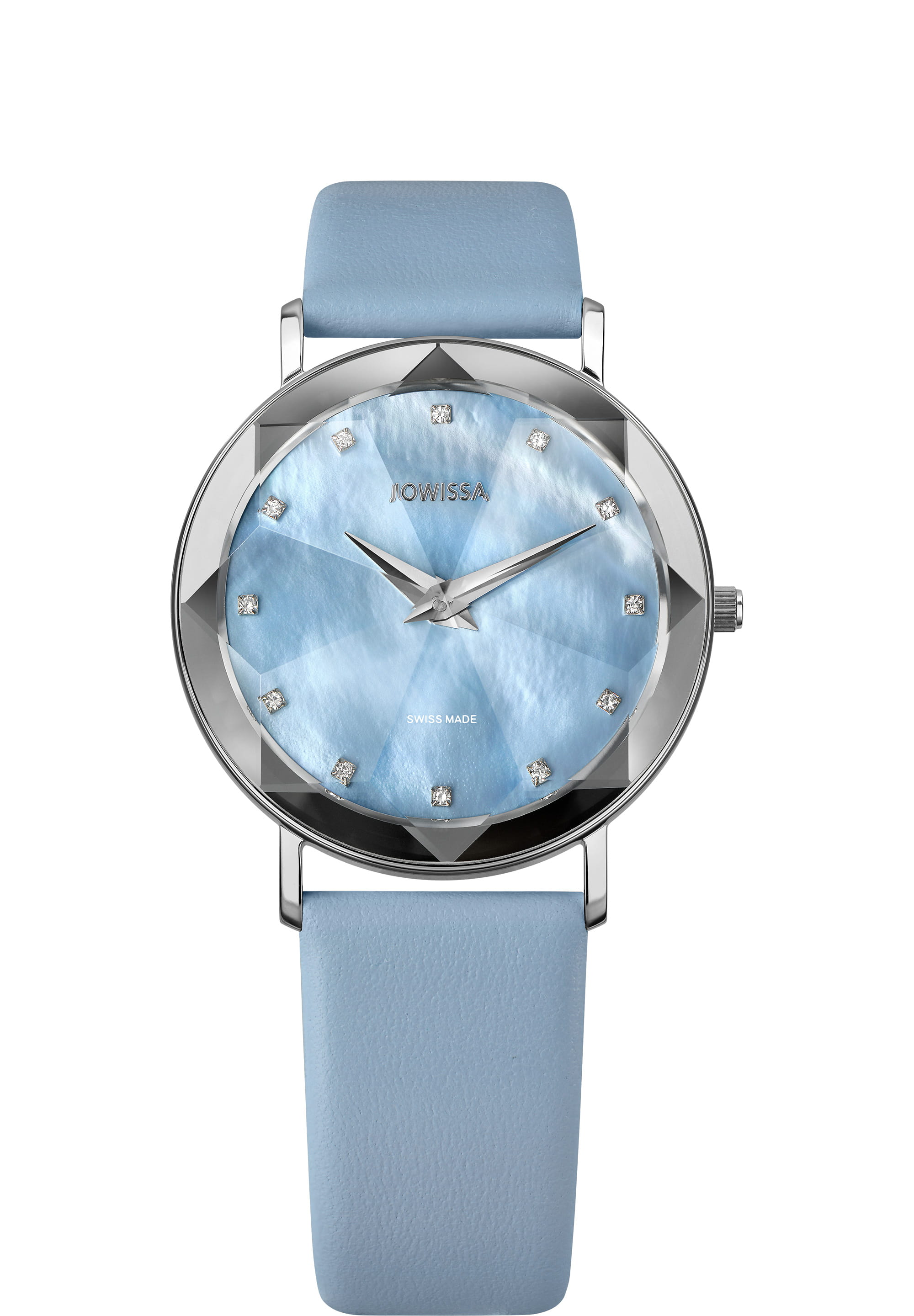 Facet Swiss Ladies Watch J5.604.L featuring a blue mother-of-pearl dial, stainless steel case, and Italian leather strap.