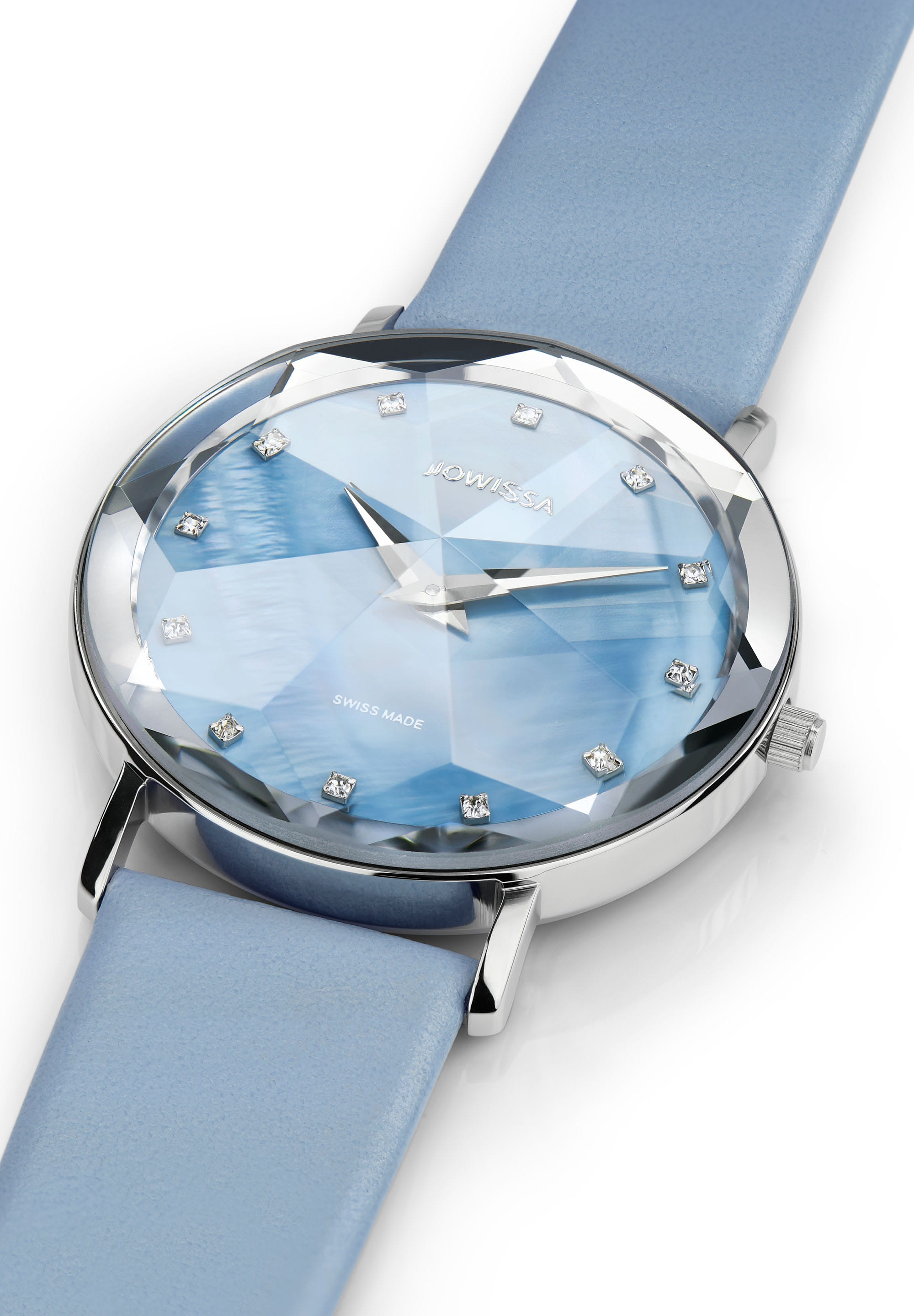 Facet Swiss Ladies Watch J5.604.L featuring a blue mother-of-pearl dial, stainless steel case, and Italian leather strap.