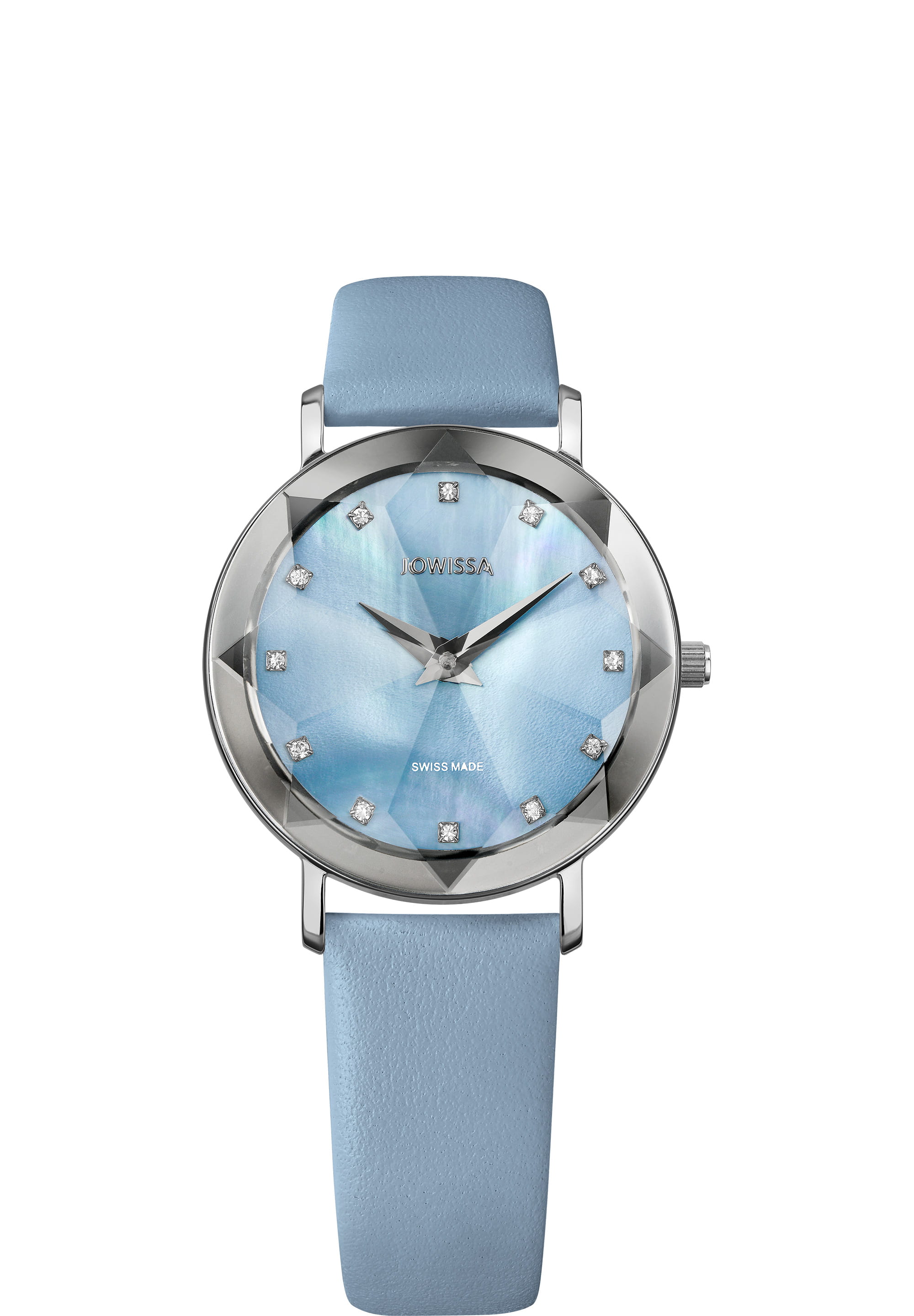 Facet Swiss Ladies Watch J5.604.M featuring a blue mother-of-pearl dial, stainless steel case, and Italian leather strap.