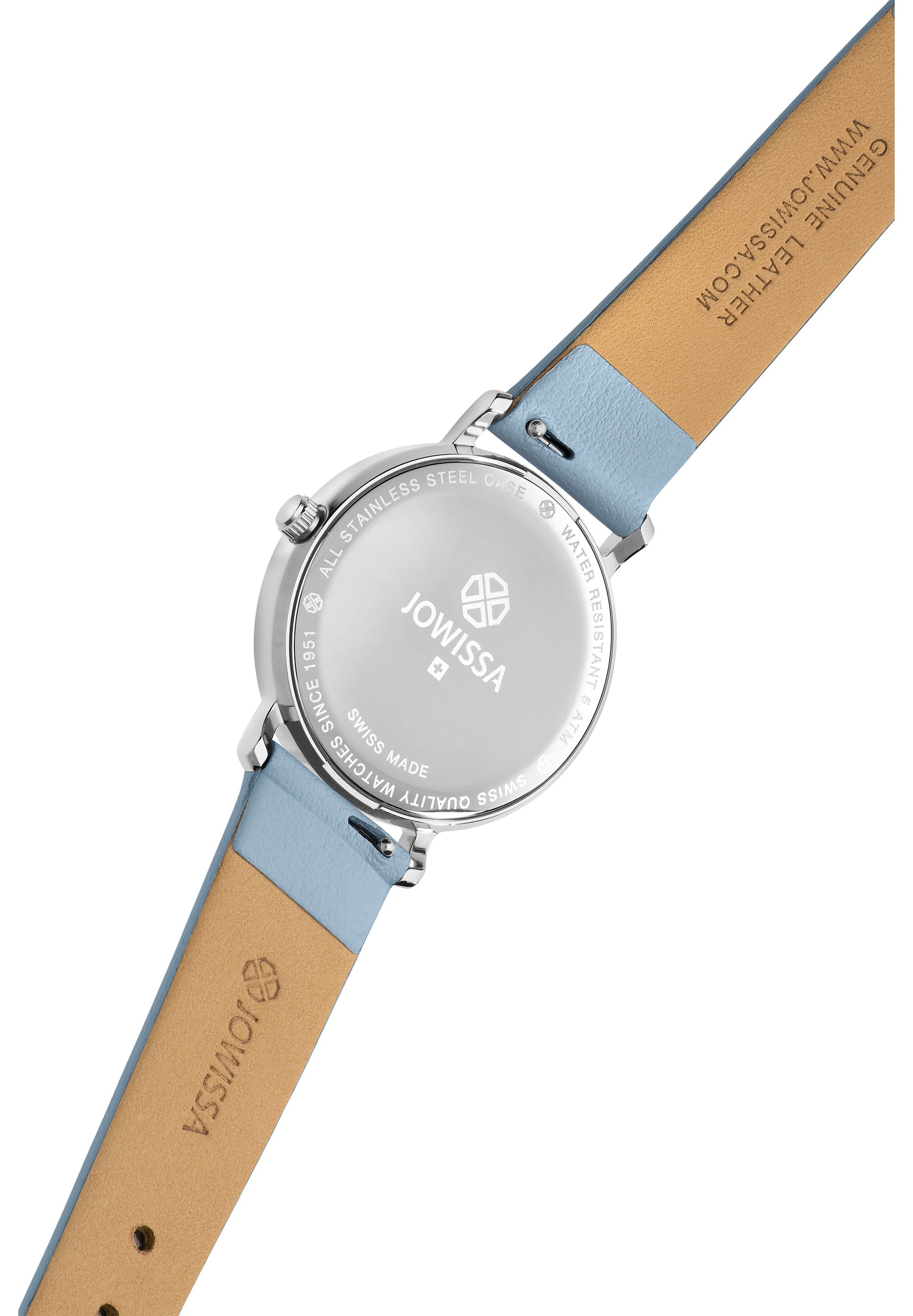 Facet Swiss Ladies Watch J5.604.M featuring a blue mother-of-pearl dial, stainless steel case, and Italian leather strap.