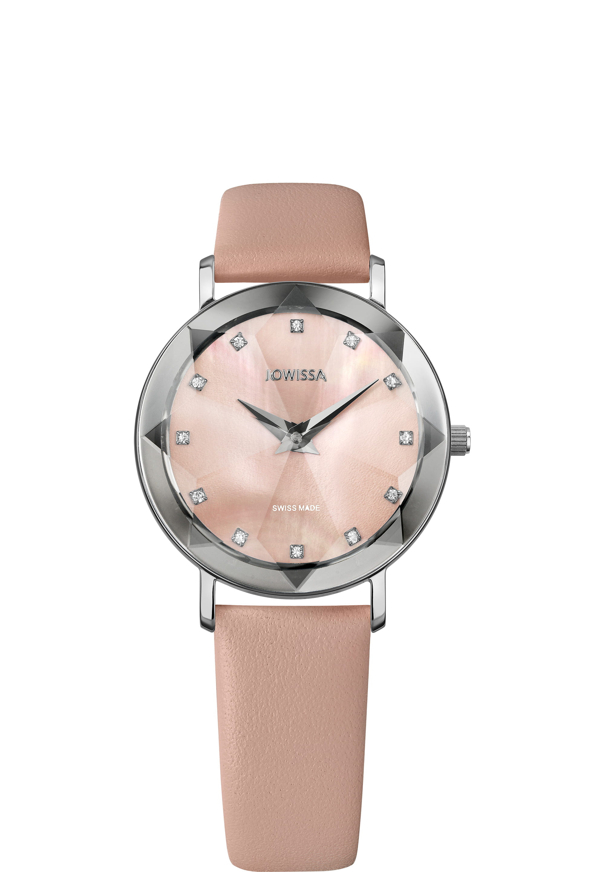 Facet Swiss Ladies Watch J5.605.M featuring a rose and silver design with a mother of pearl dial and sparkling crystals.