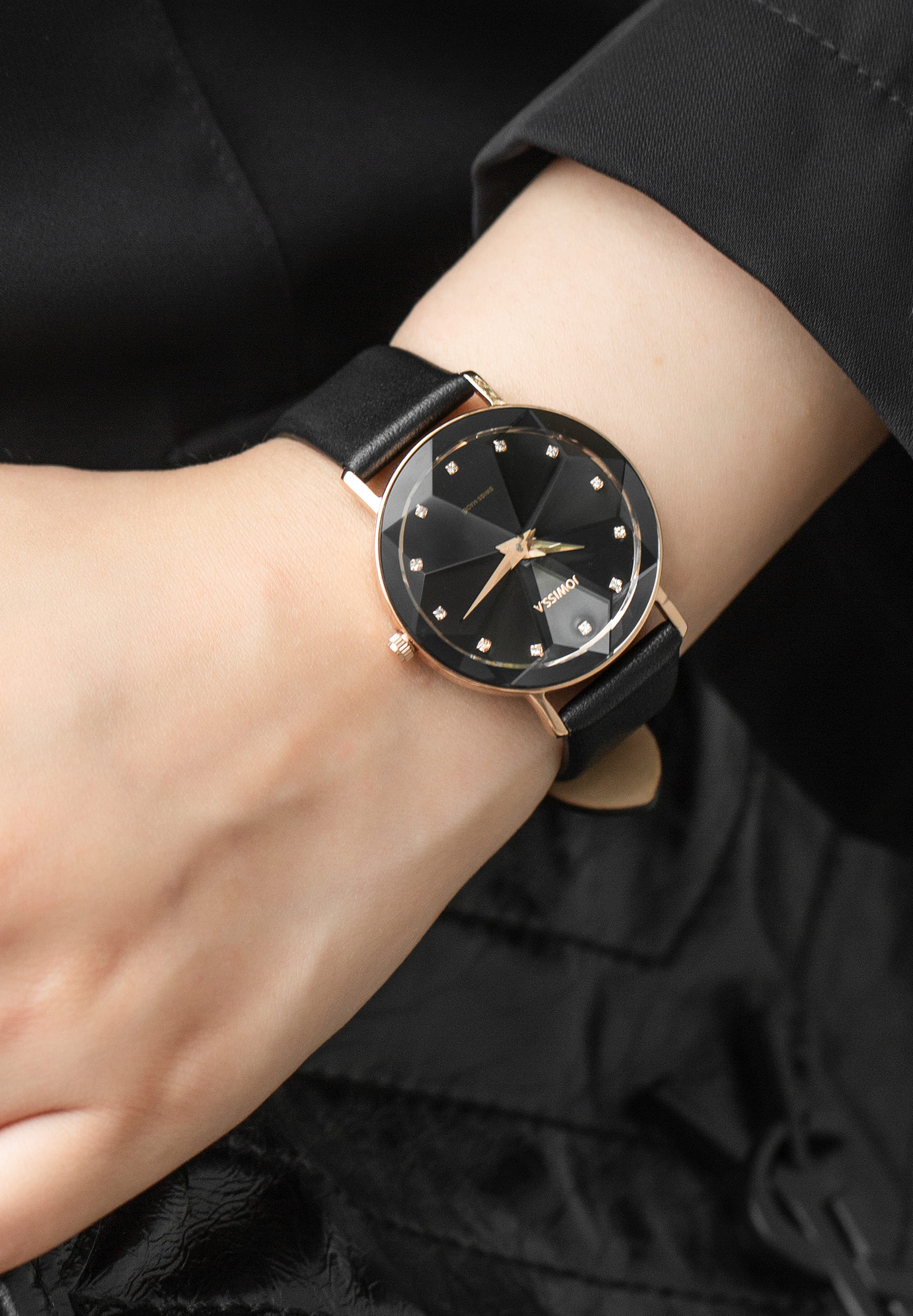 Facet Swiss Ladies Watch J5.606.L featuring a diamond-cut crystal, black sunray dial, and elegant Italian leather strap.