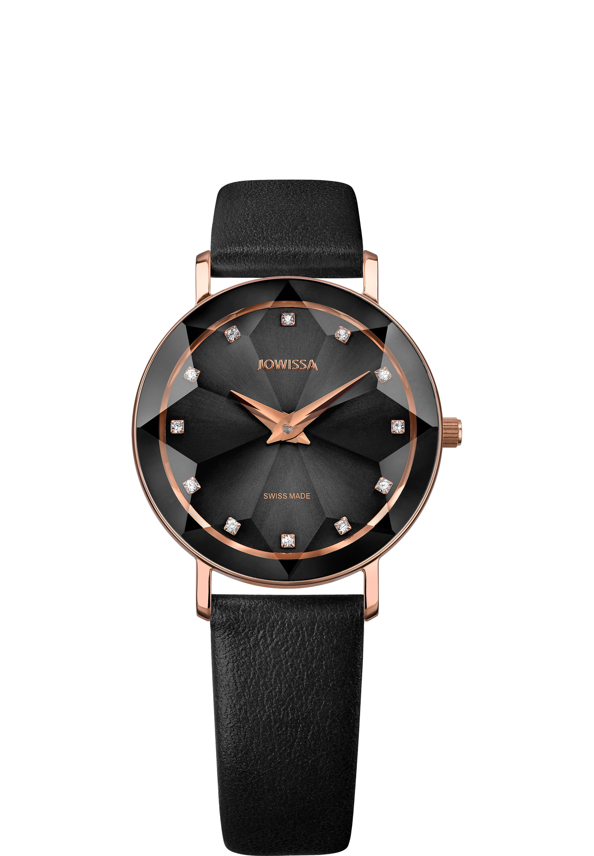 Facet Swiss Ladies Watch J5.606.M featuring a black sunray dial, diamond-cut crystal, and elegant Italian leather strap.