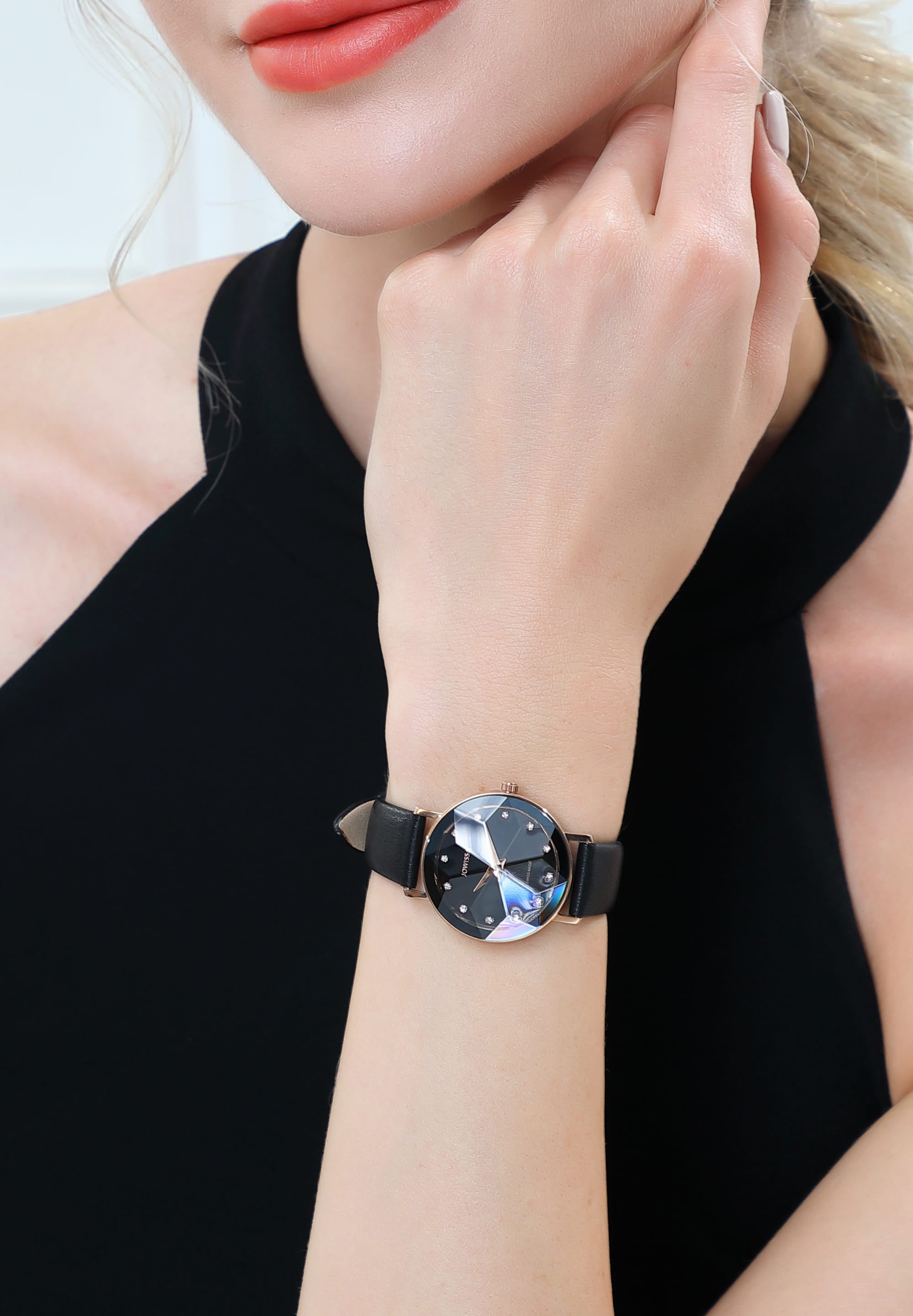 Facet Swiss Ladies Watch J5.606.M featuring a black sunray dial, diamond-cut crystal, and elegant Italian leather strap.