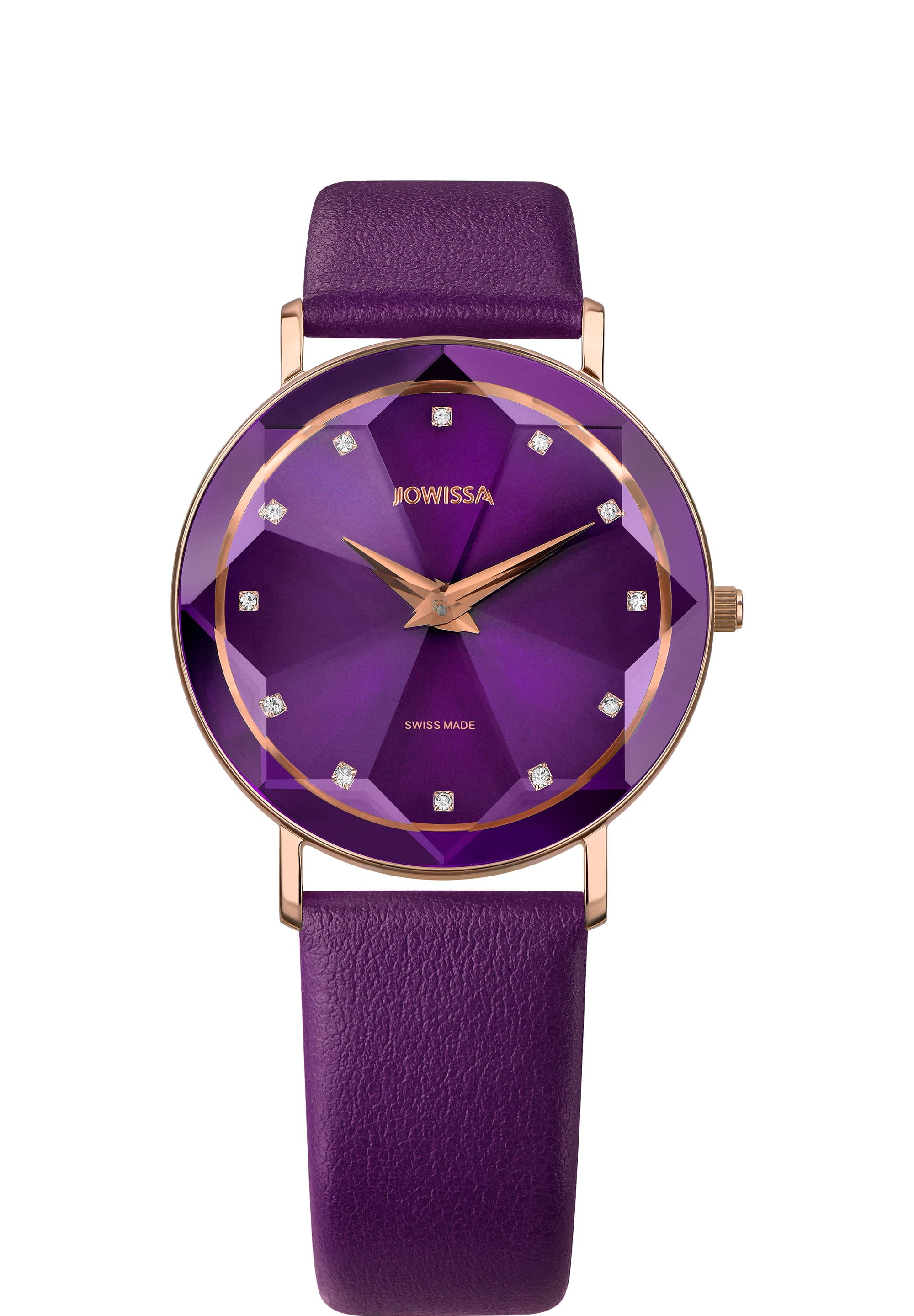 Facet Swiss Ladies Watch J5.607.L featuring a purple dial, diamond-cut crystal, and Italian leather strap, showcasing elegance and style.