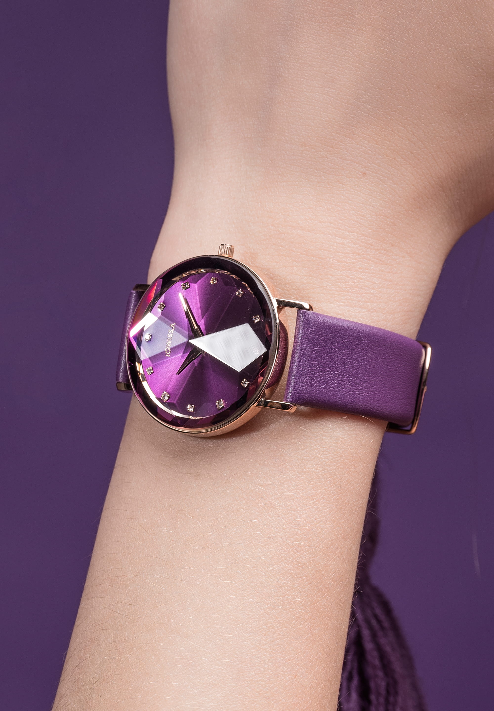 Facet Swiss Ladies Watch J5.607.L featuring a purple dial, diamond-cut crystal, and Italian leather strap, showcasing elegance and style.