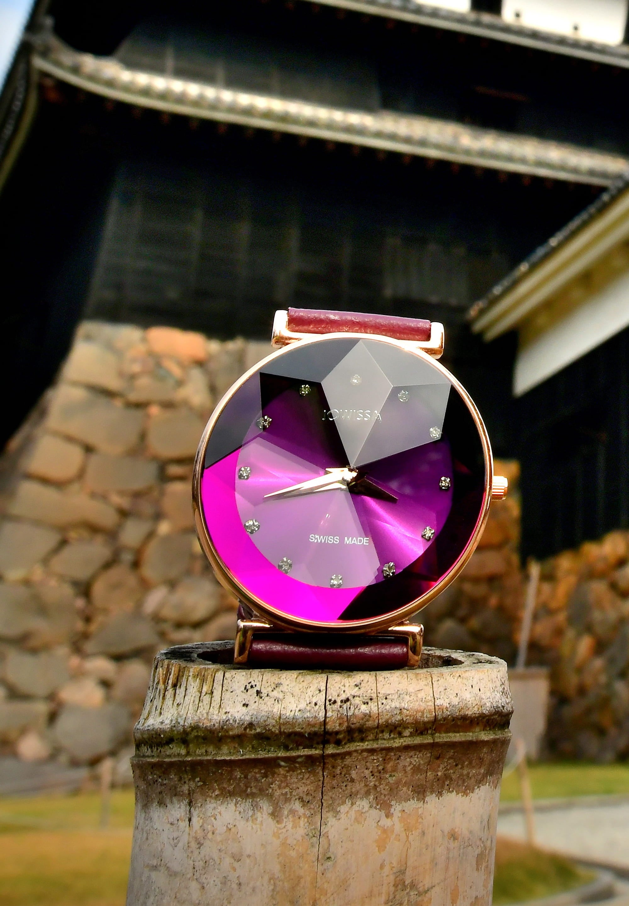 Facet Swiss Ladies Watch J5.607.L featuring a purple dial, diamond-cut crystal, and Italian leather strap, showcasing elegance and style.