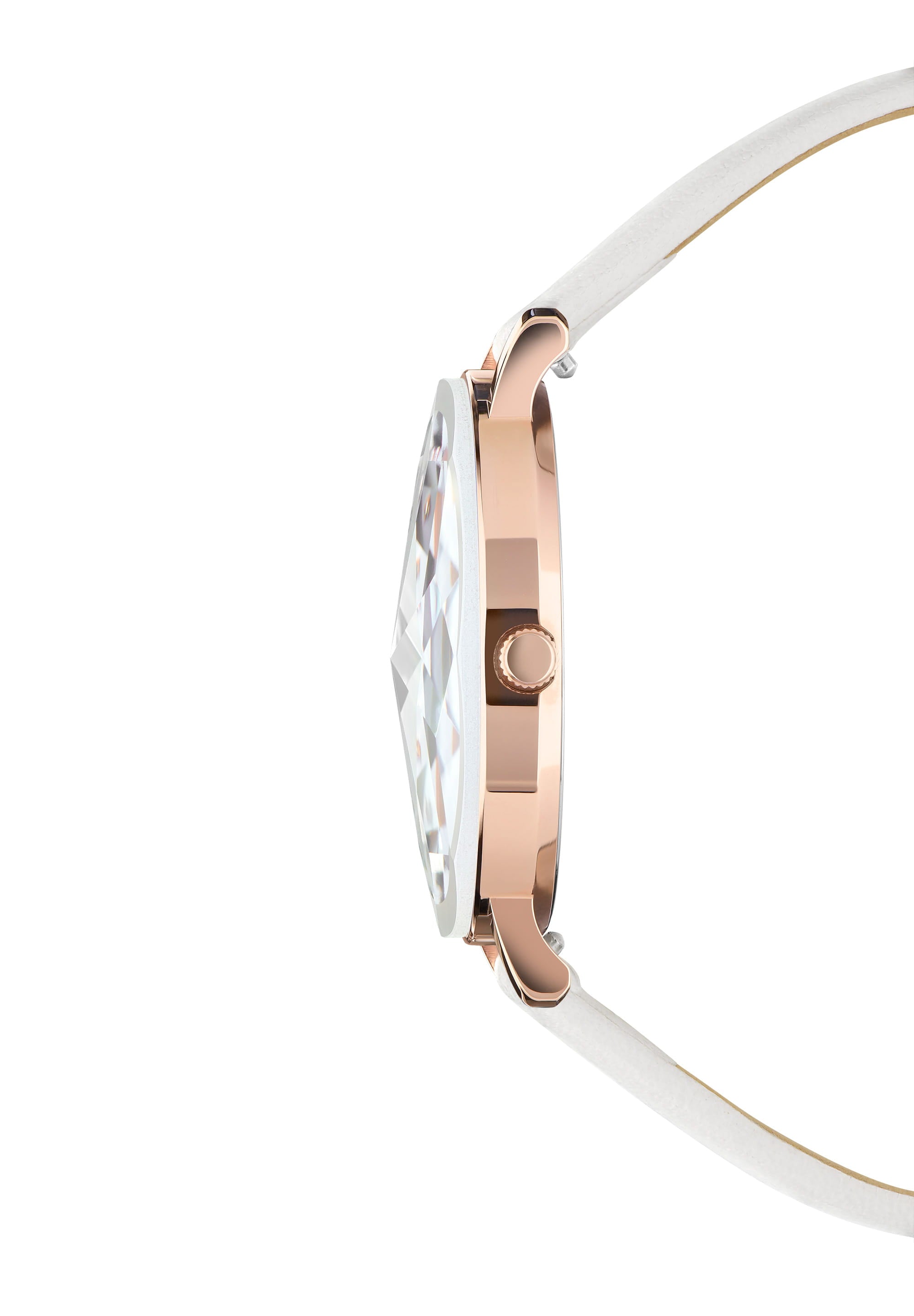 Facet Swiss Ladies Watch J5.609.L featuring a diamond-like crystal cut, rose gold case, and white leather strap.